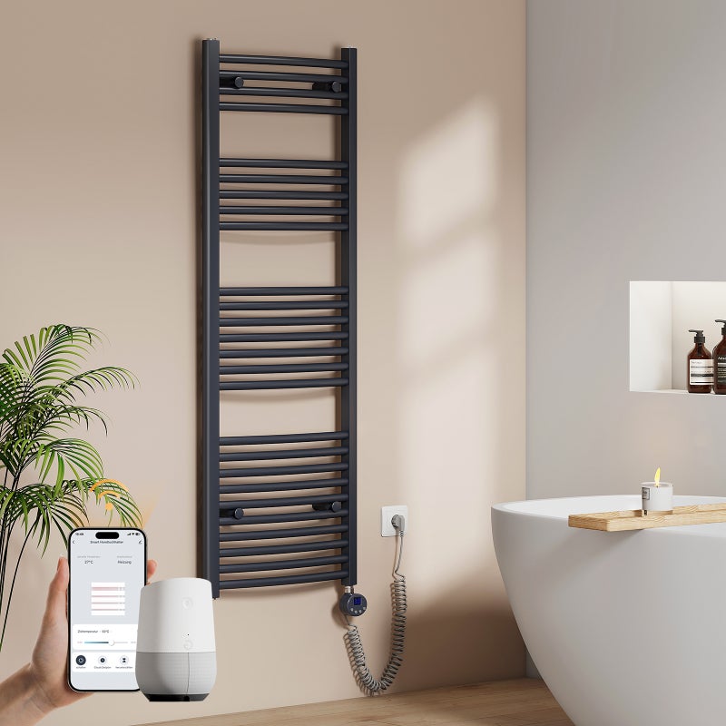 EMKE Grzejnik elektryczny łazienkowy Wygięta 140x50cm - Inteligentne Sterowanie z Programatorem Tygodniowym w Aplikacji - 572W - Matowy Antracyt