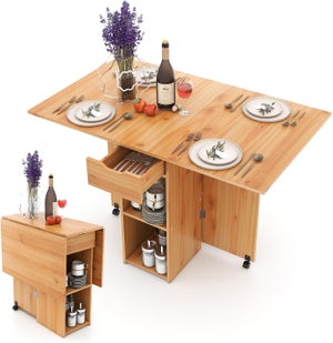 Table Pliante Cuisine COSTWAY – 90 Cm, 2 Rallonges, Pieds En Bois Massif, Style Fermier (noyer)