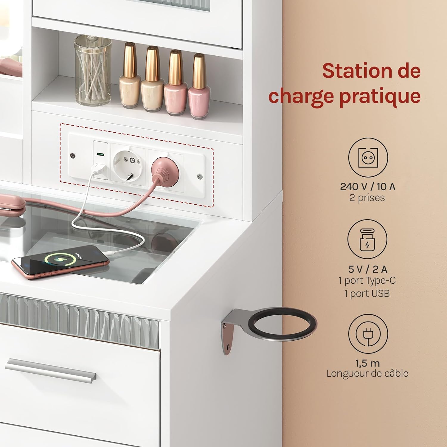 WOLTU Coiffeuse avec Plateau en Verre Miroir, Grande Coiffeuse avec LED Réglable, 9 Tiroirs, Prise de Courant, Blanc - 5