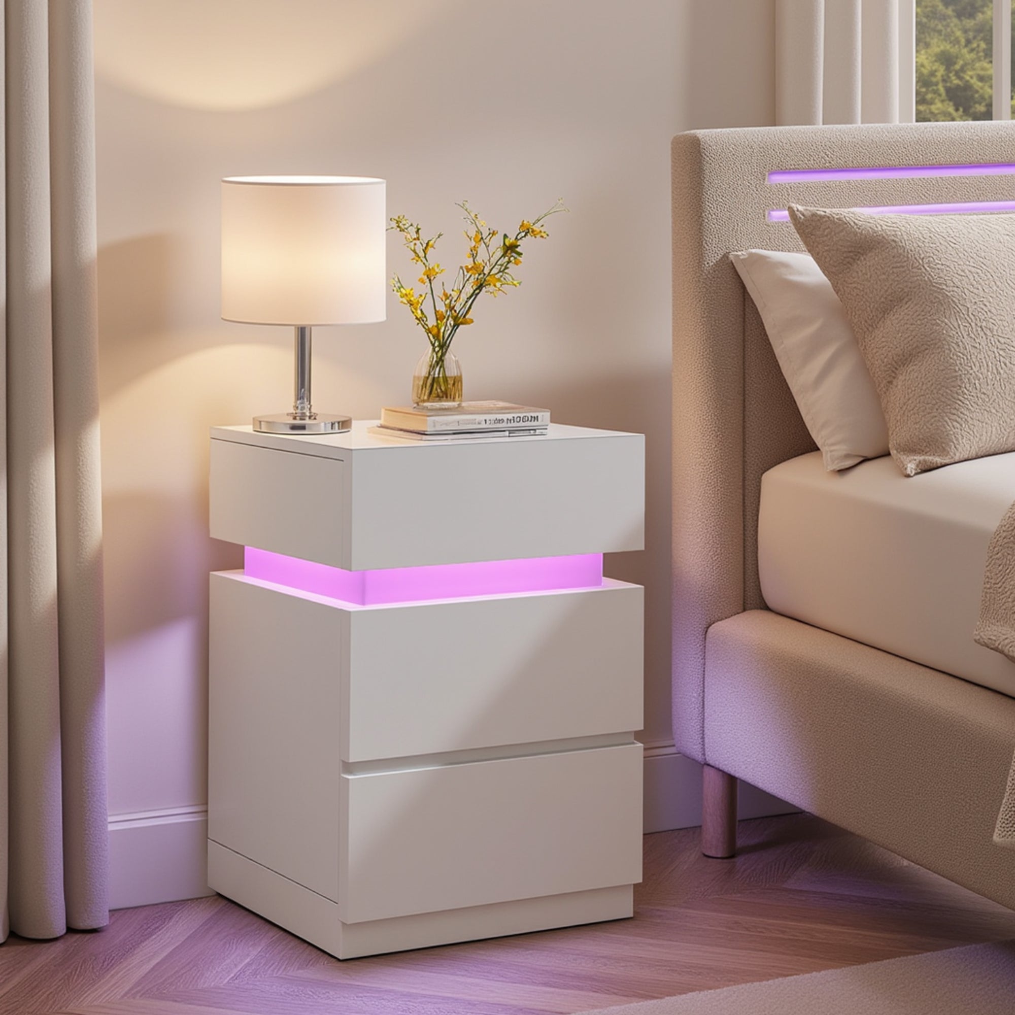 Table de Chevet avec Éclairage LED, Lot de 2, avec 3 Tiroirs, pour Chambre, Moderne, 35,1 x 40,1 x 55,1 cm, Blanc - 2
