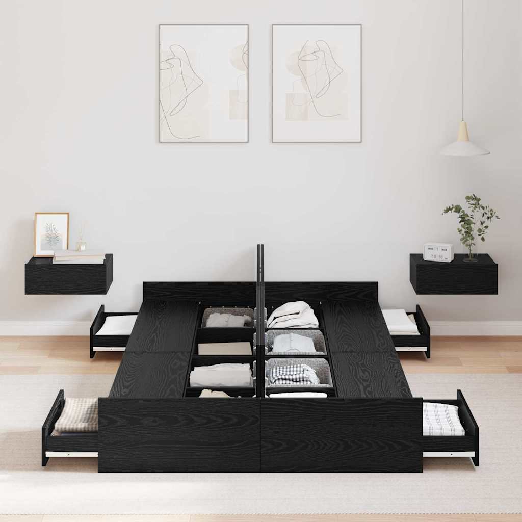 Cadre de lit avec rangement et tiroir, chêne noir, pour la chambre, 120 × 200 cm - 3