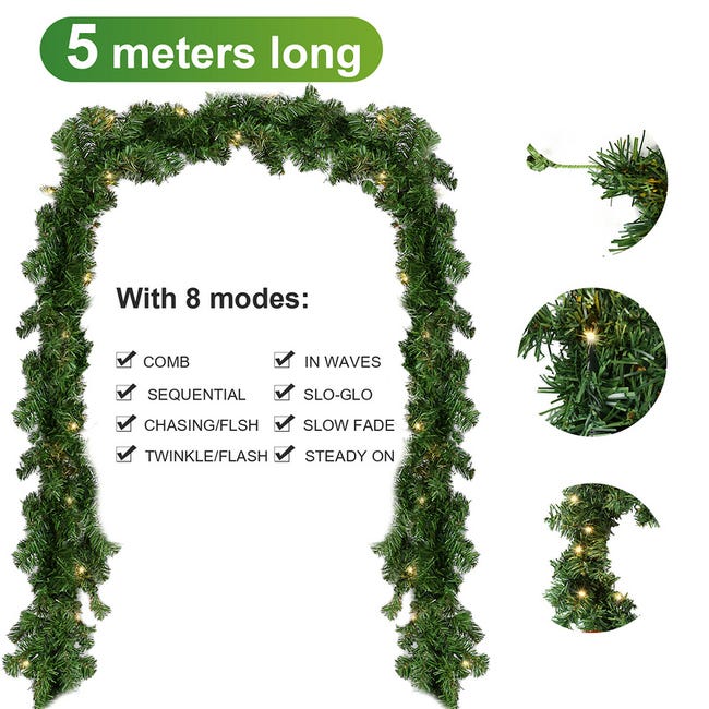 Ghirlanda Natalizia Artificiale 1,8 M Con Luci LED Calde E Pigne - Verde Carolina - Per Camini, Scale E Tavoli - Alimentata A Batteria