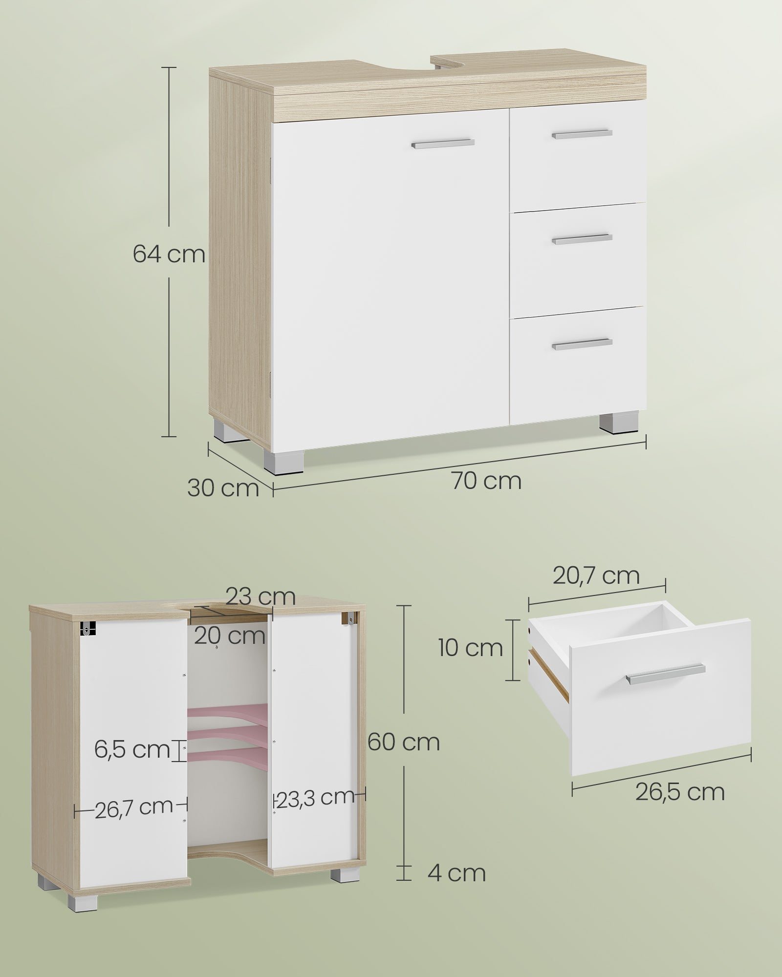 Meuble sous lavabo, 3 Tiroirs Latéraux, 2 Cases derrière la Porte, pour Lavabos sur Colonne, avec Pieds, 30 x 70 x 64 cm, Blanc et Beige Naturel - 5