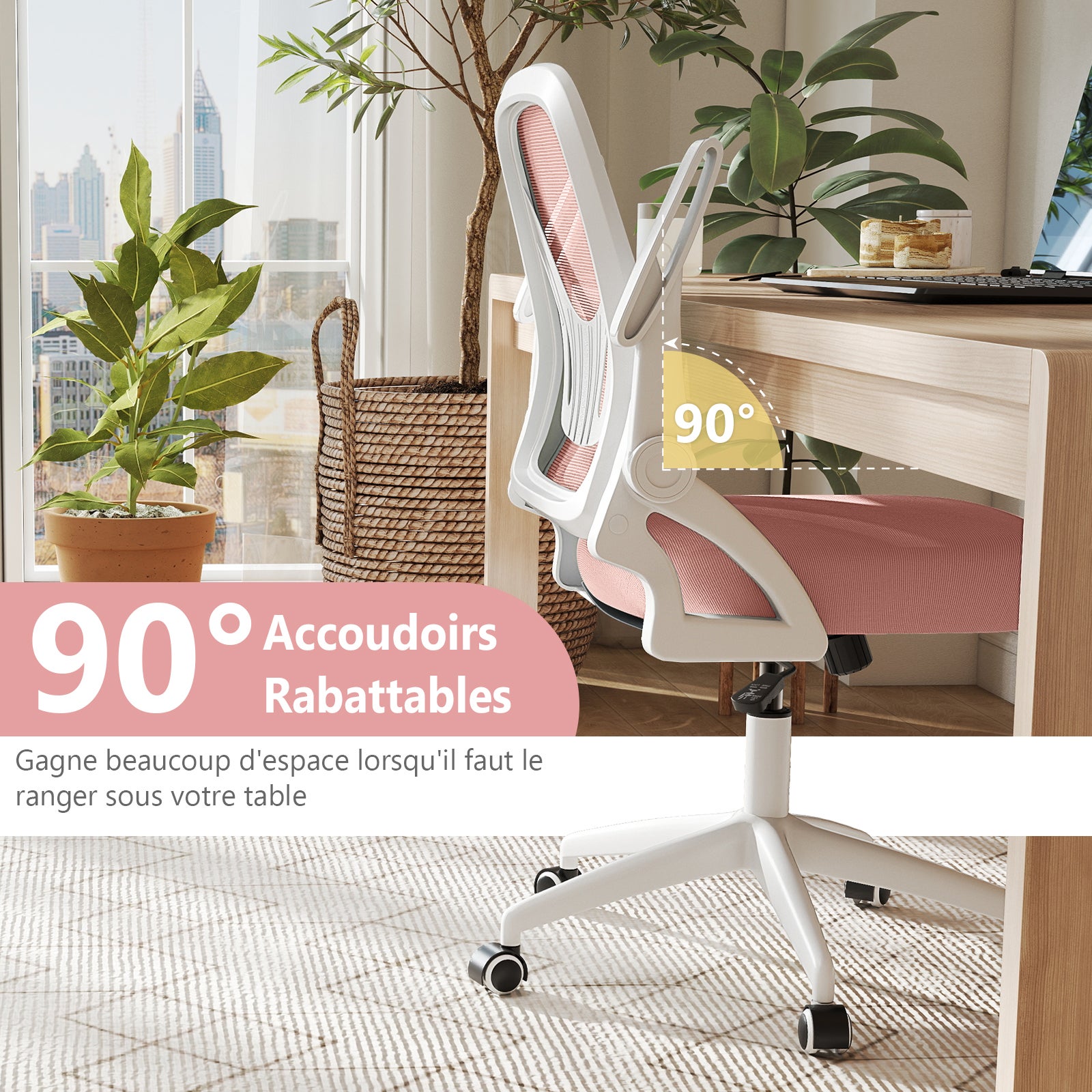 Ergonomiczne krzesło biurowe obrotowe, fotel biurowy z regulowaną wysokością i podnoszonymi podłokietnikami, oparcie z oddychającej siatki, różowe - 9