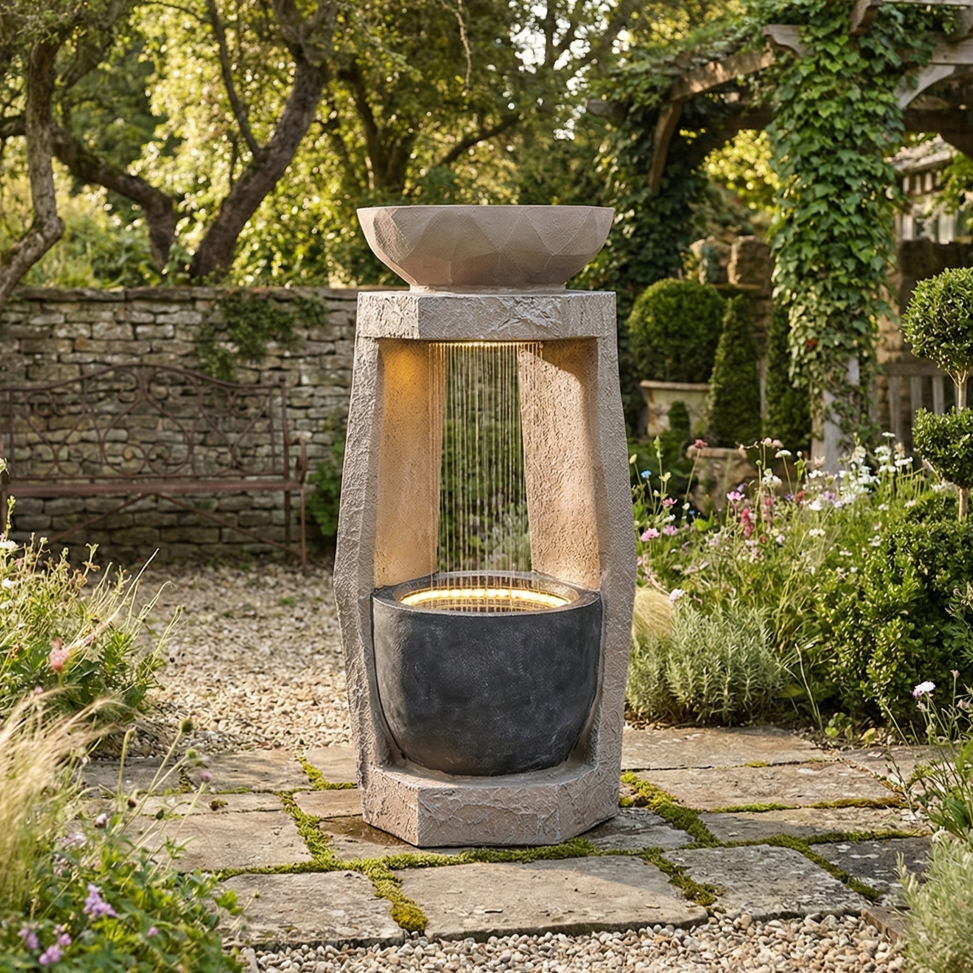 Fontaine de jardin avec LED et pompe intégrée - Résine effet pierre naturelle - 36,5 x 36 x 81,5 cm - Beige - 2