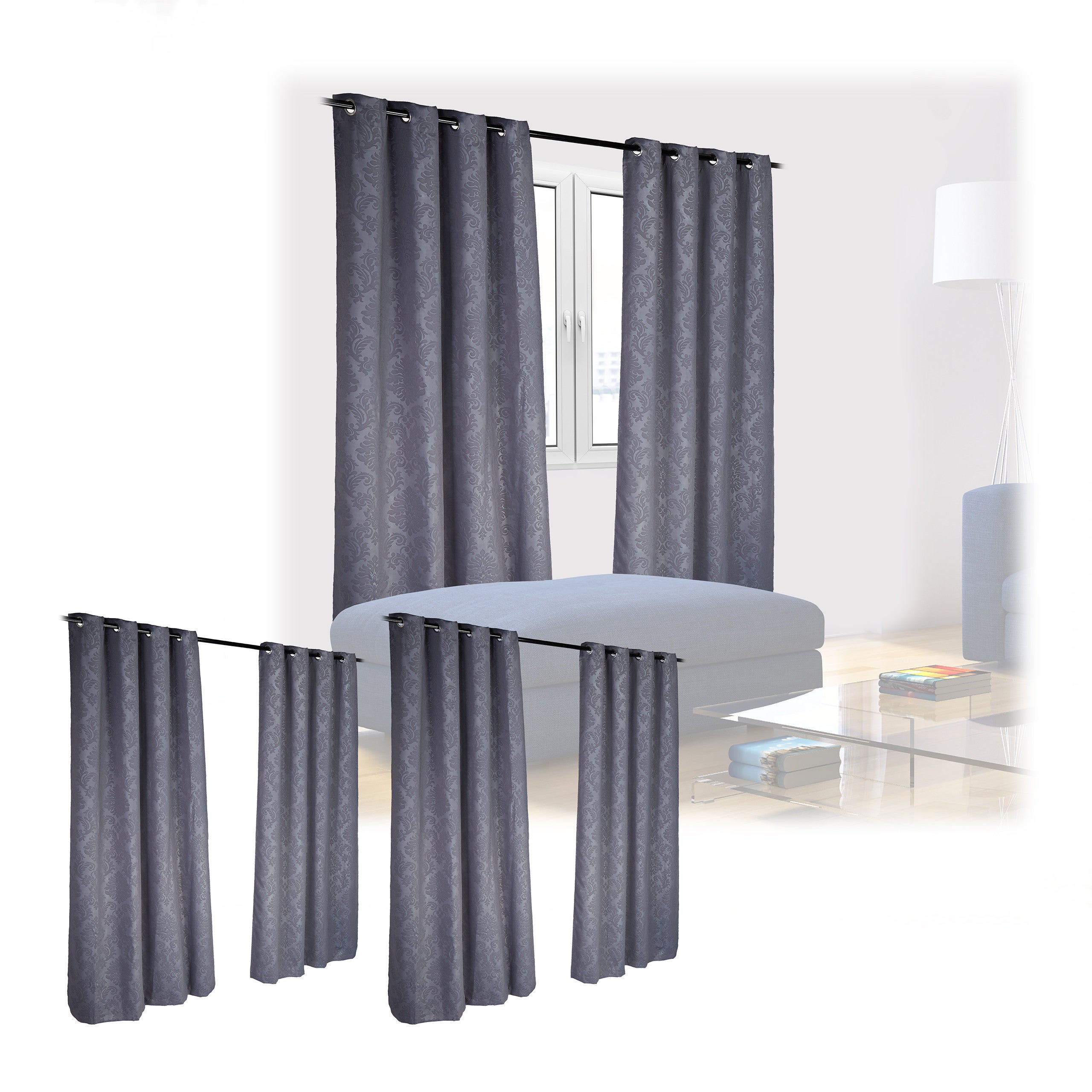 Set de 6 cortinas, opacas y oscuras, sobrecortinas para control de luz estampadas, oscurecedoras, 245x135 cm, gris