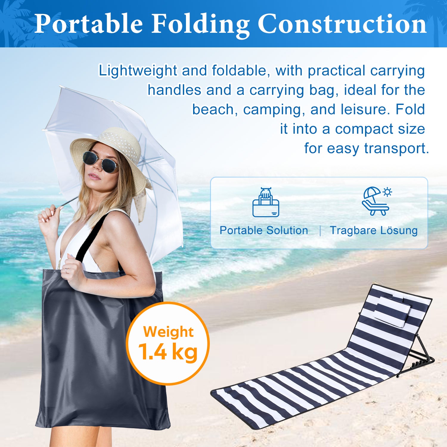 Matelas, transat, tapis de plage avec dossier inclinable et sac de transport 158cmx55cm Bleu et blanc - 5