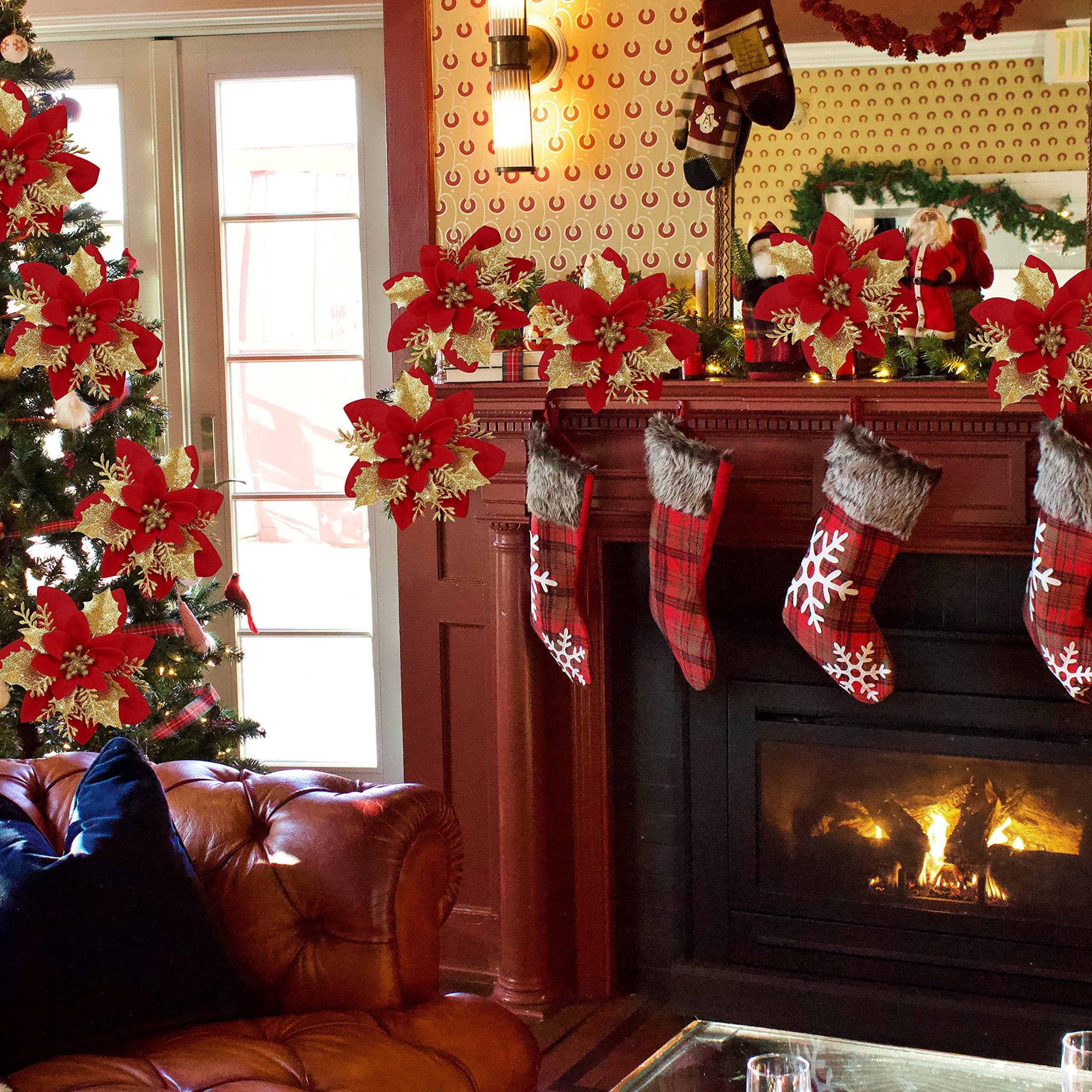 20 pièces décorations de noël, fleurs de noël artificielles avec clips, guirlande d'arbre de noël scintillante pendentifs de fleurs artificielles - 3
