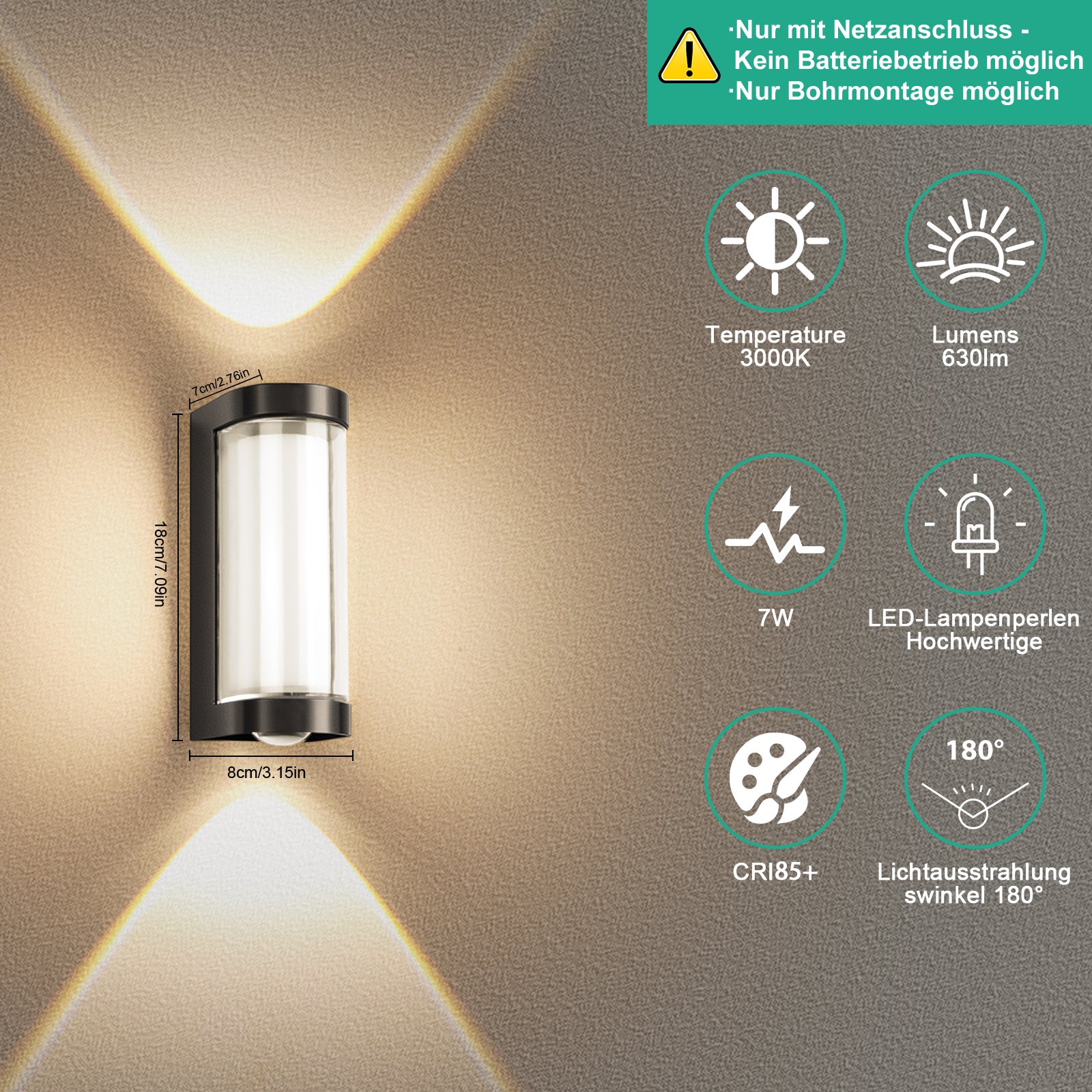 LOVHAUS Kinkiet LED Okrągły zewnętrzny, 7W Kinkiet do Łazienki IP65 do Wnętrz i na Zewnątrz, Ciepłe Światło 3000K - 2