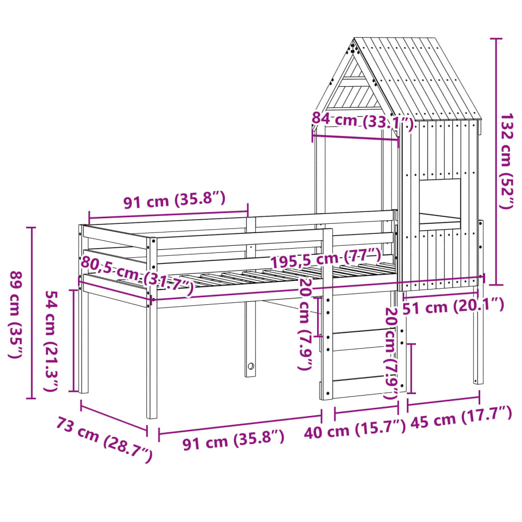 Lit haut avec toit, bois de pin blanc massif, 75x190 cm — COMFORTXL - 9