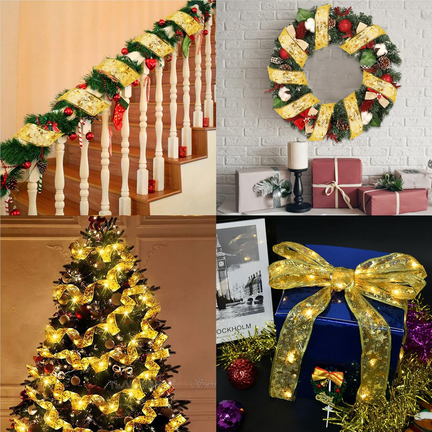 Luzes de fadas de natal, decorações para árvores de natal, luzes de corda de fita dourada, decoração de natal, luzes de fita de natal de 4m - 6