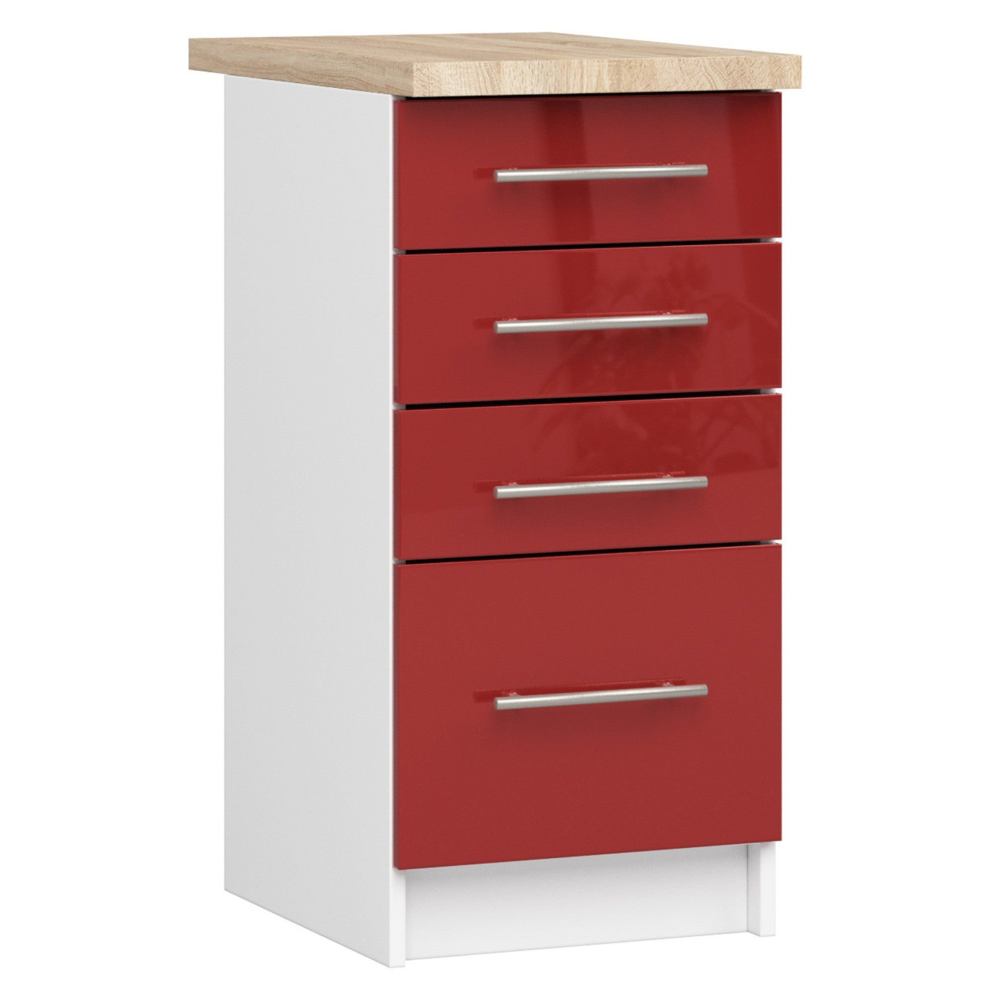 Szafka kuchenna na nóżkach: 4 szuflady, kolor biały | połyskujący czerwony, szerokość: 40 cm, wysokość: 85 cm, głębokość: 46 cm.