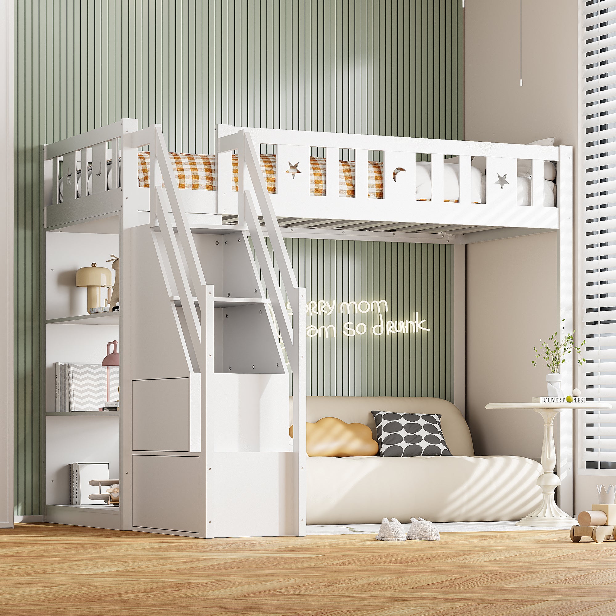 Łóżko piętrowe 90 x 200 cm z drabinką i półkami – drewno sosnowe i płyta MDF – białe
