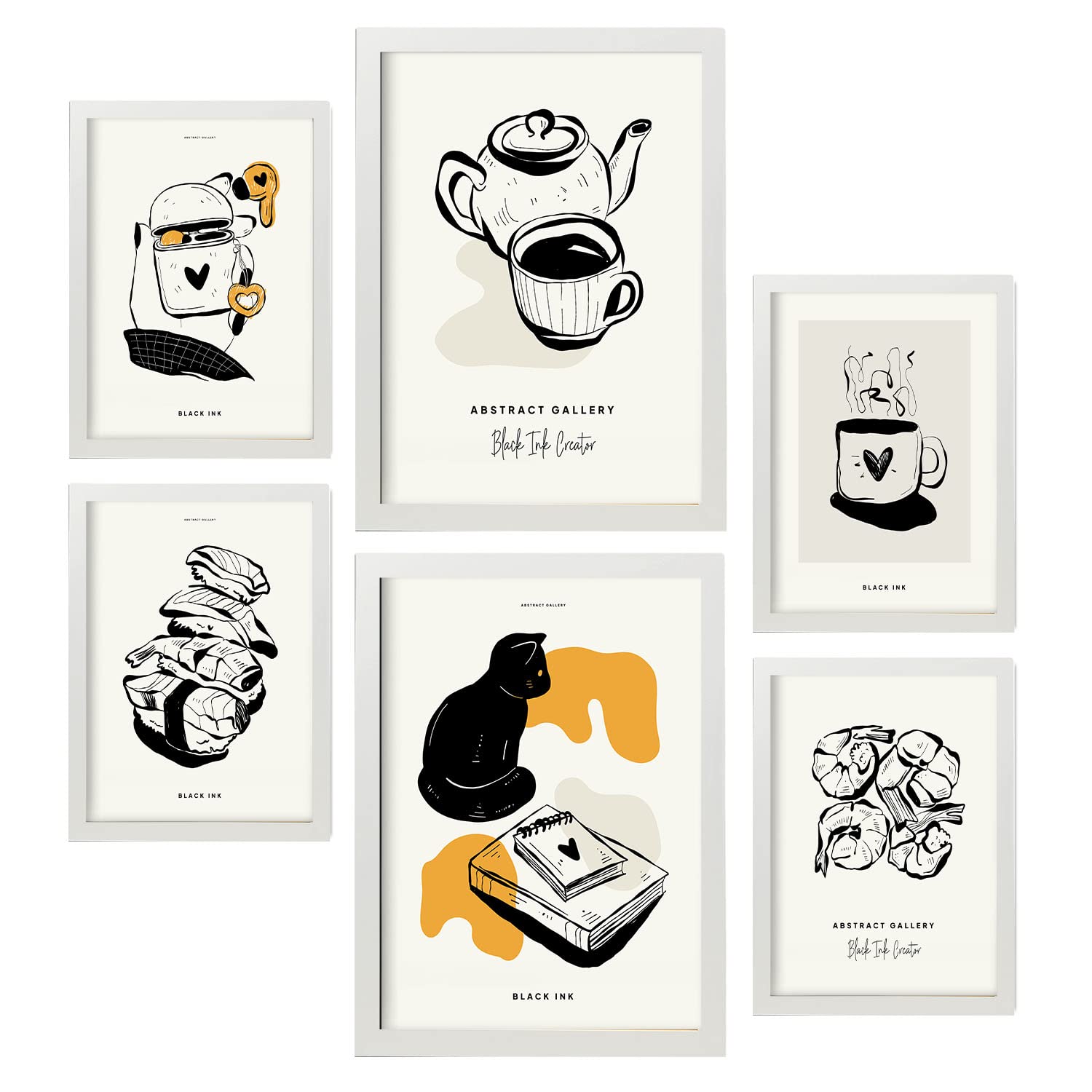 Nacnic set de 6 posters en tinta negra día de descanso láminas artísticas y abstractas para el diseño y tamaños a3 & a4 marcos blancos