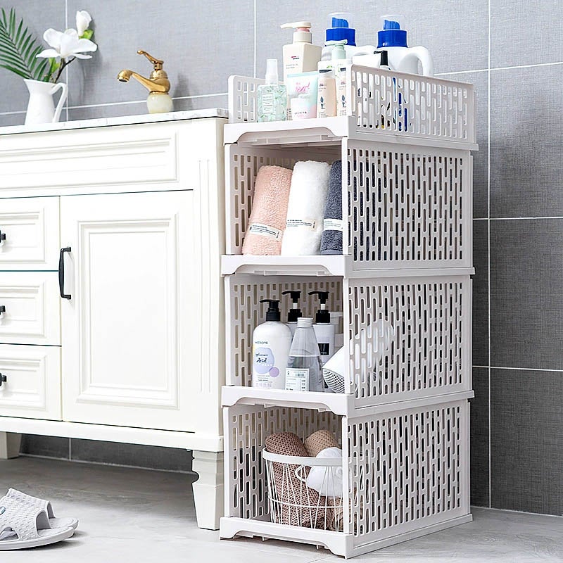 Lot de 2 organiseurs de placard empilables en plastique – boîtes de rangement ventilées pour vêtements, serviettes et séparation efficace d’étagères - 4