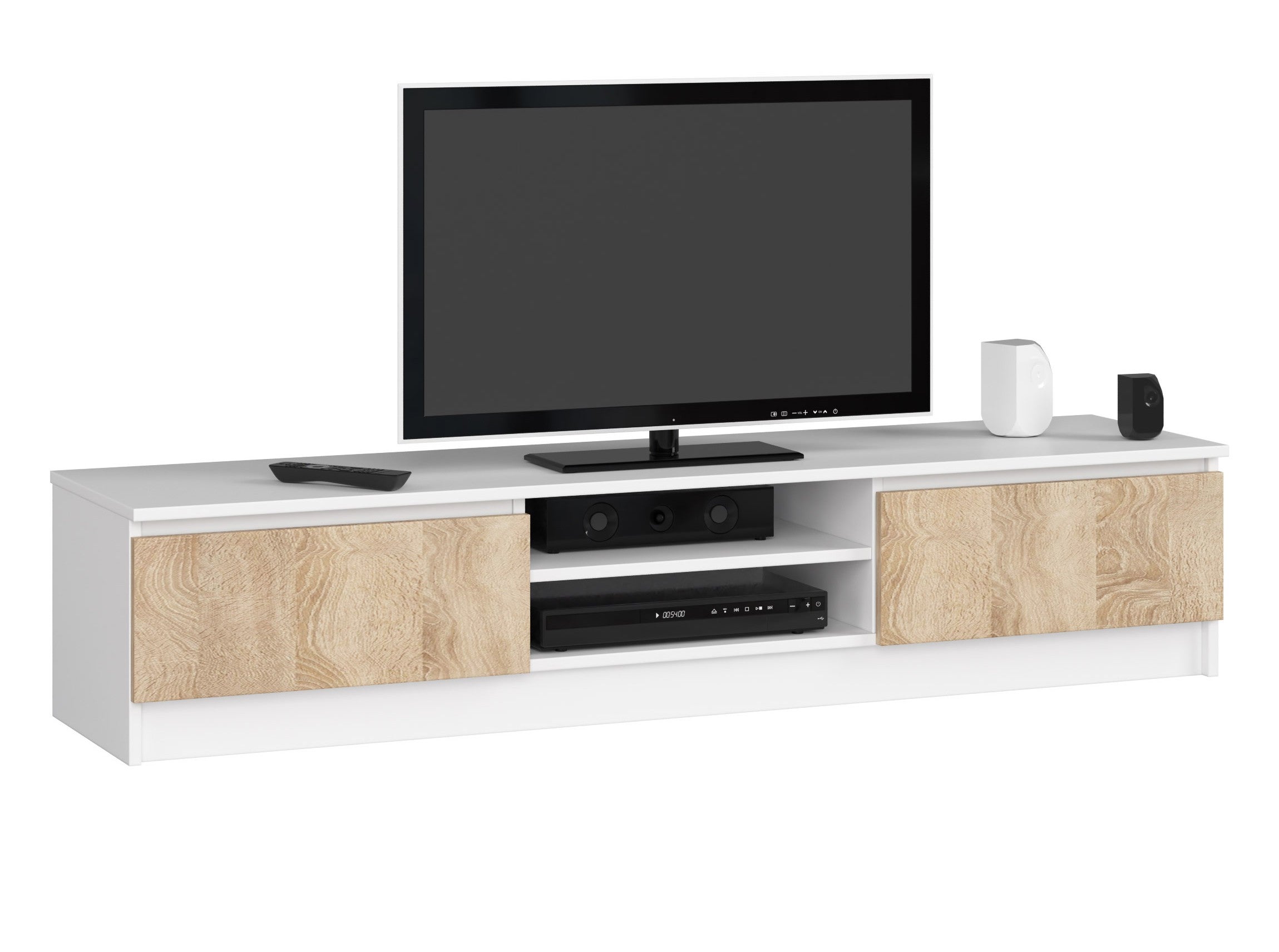 Szafka RTV AKORD Biała 160 cm 2 drzwi kolor Dąb Sonoma mat 2 półki 160x40x33 cm