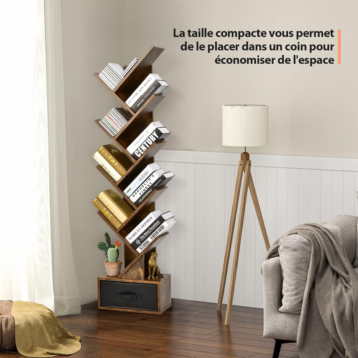 Bibliothèque à 10 Niveaux en Forme Arbre avec Tiroir Tissu Pliable Style Industriel, Bibliothèque pour Salon, Bureau, Chambre, Marron - 6