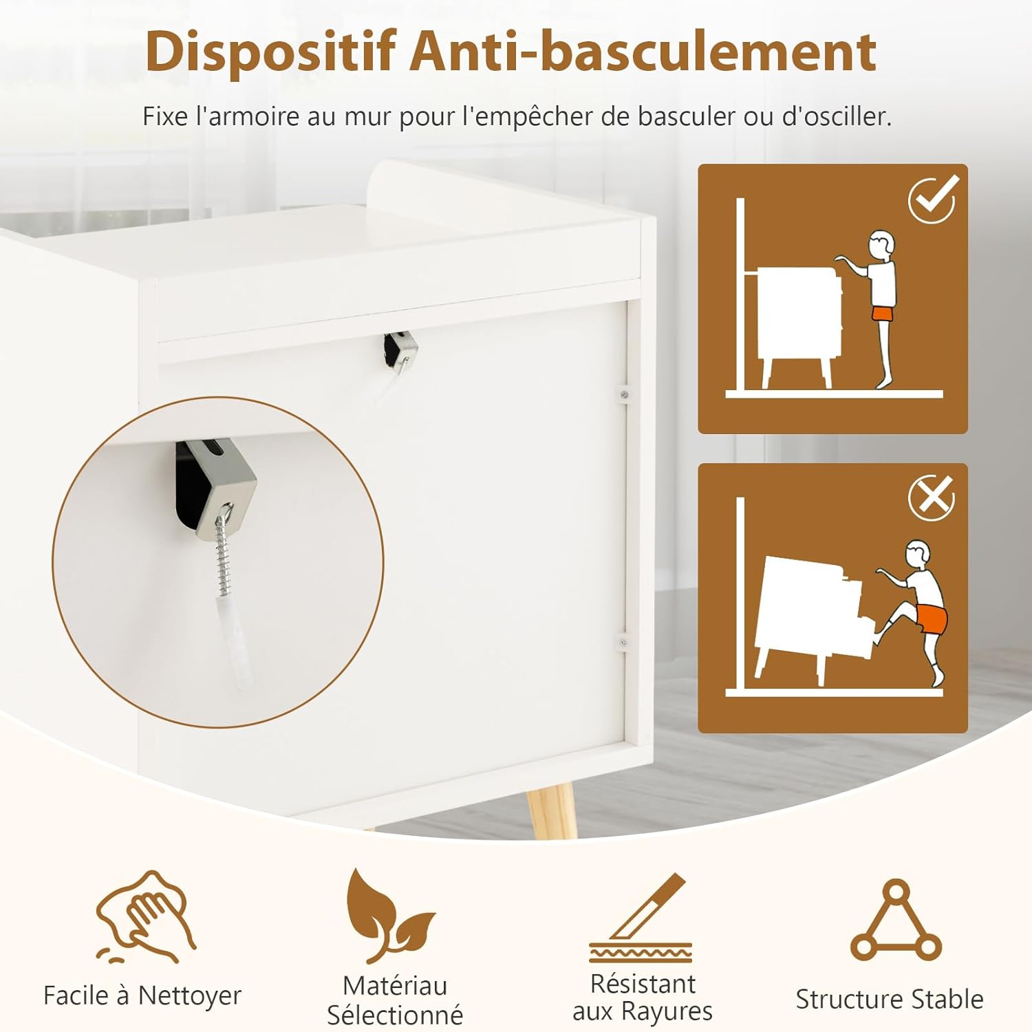 Comodino in Legno, Comodino Moderno con 2 Cassetti, con Gambe in Legno Massello, per Soggiorno, Camera da Letto, Bianco, 45 x 40 x 57 cm - 3