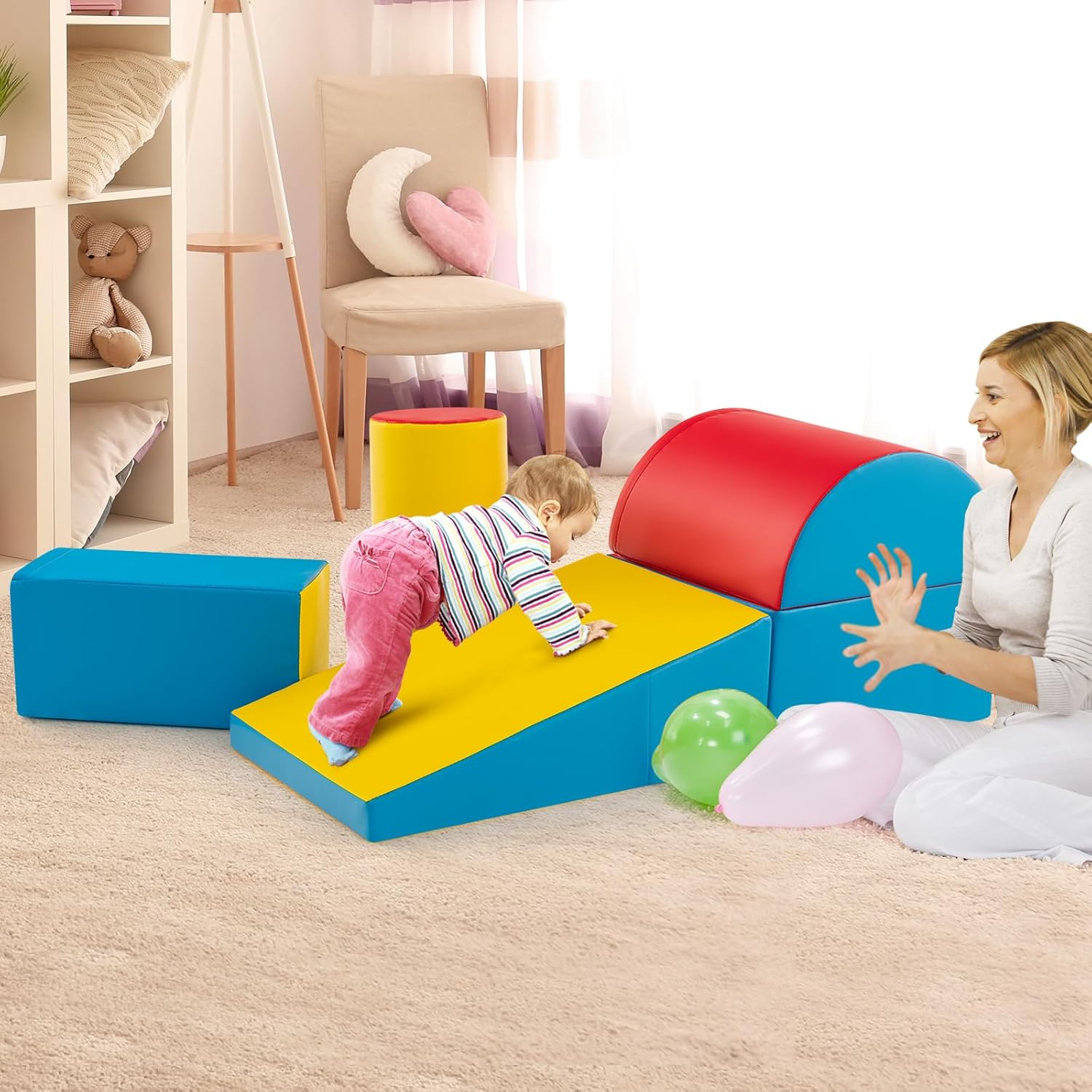 5PCS Parcours Motricité Bébé en Mousse EPE avec Housse en PU, Module Motricité Bébé(Bleu) - 8