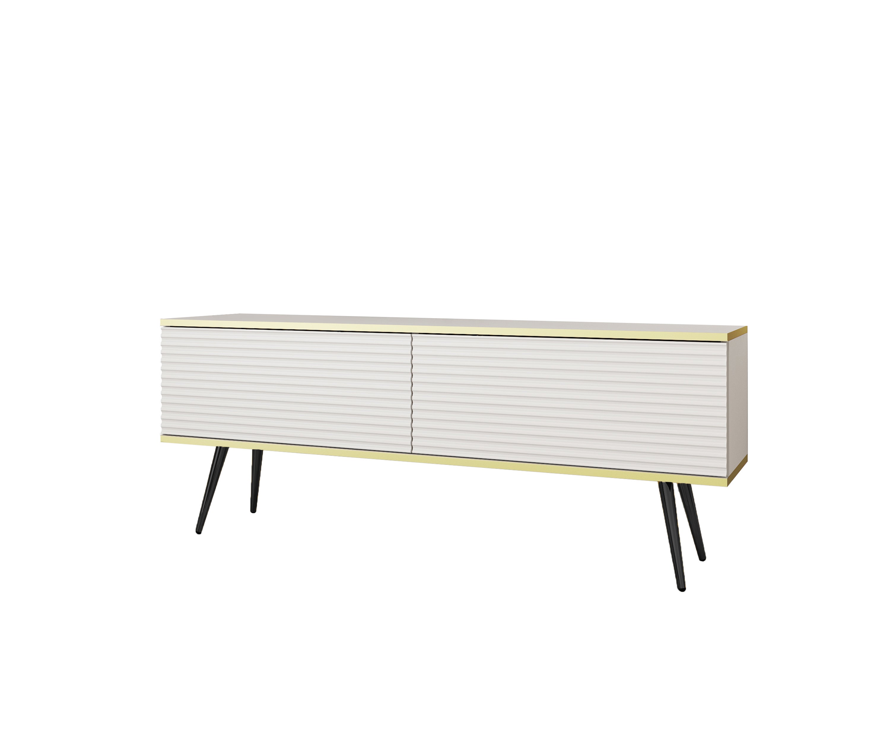 Stolik pod TV z białymi listwami, czarne nogi, 135 x 30 x 52 cm, otwierany na naciśnięcie