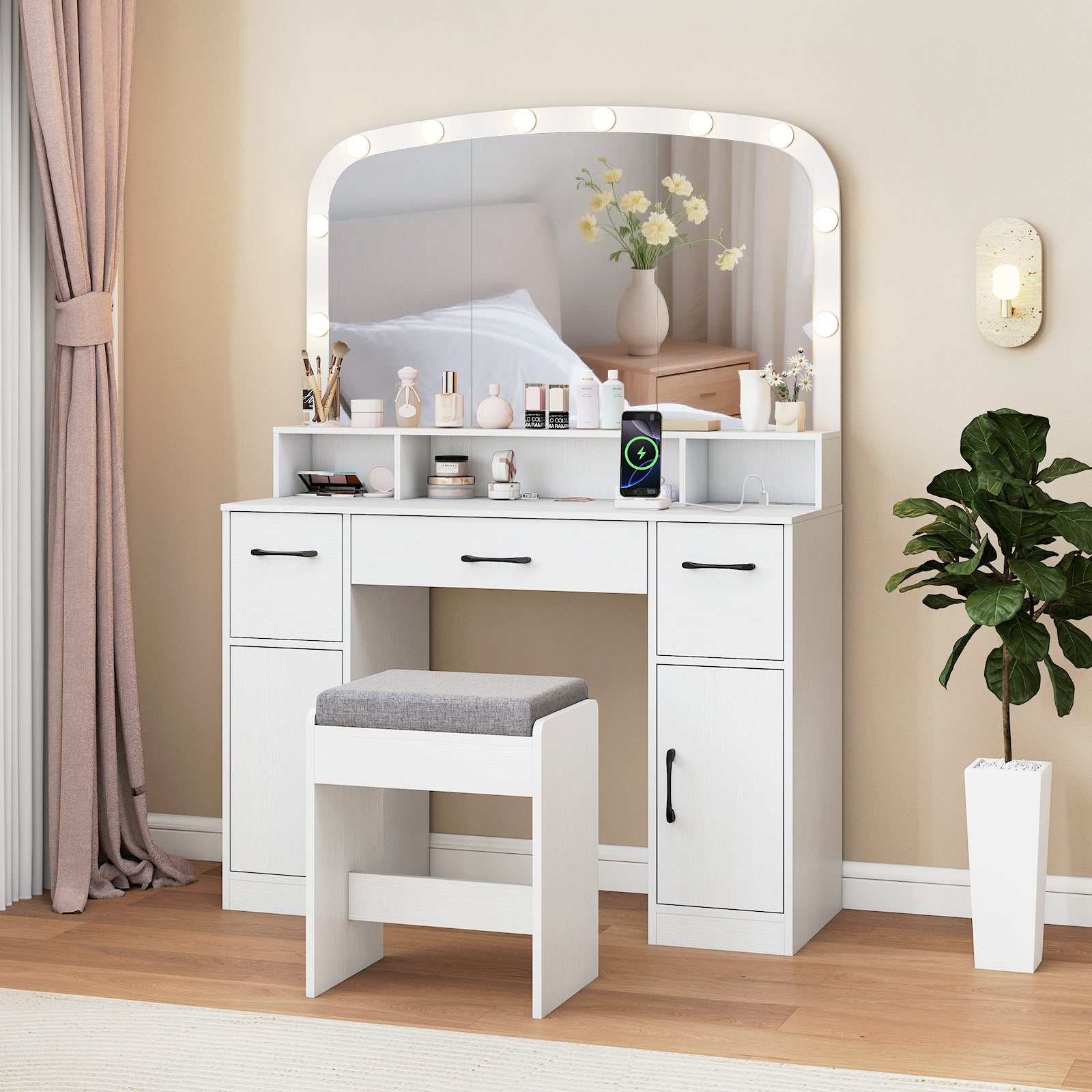 Coiffeuse Avec Miroir Pliable Table De Maquillage Avec 2 Tiroirs Et 3 Compartiments De Rangement Style Moderne Blanc 12 0002325