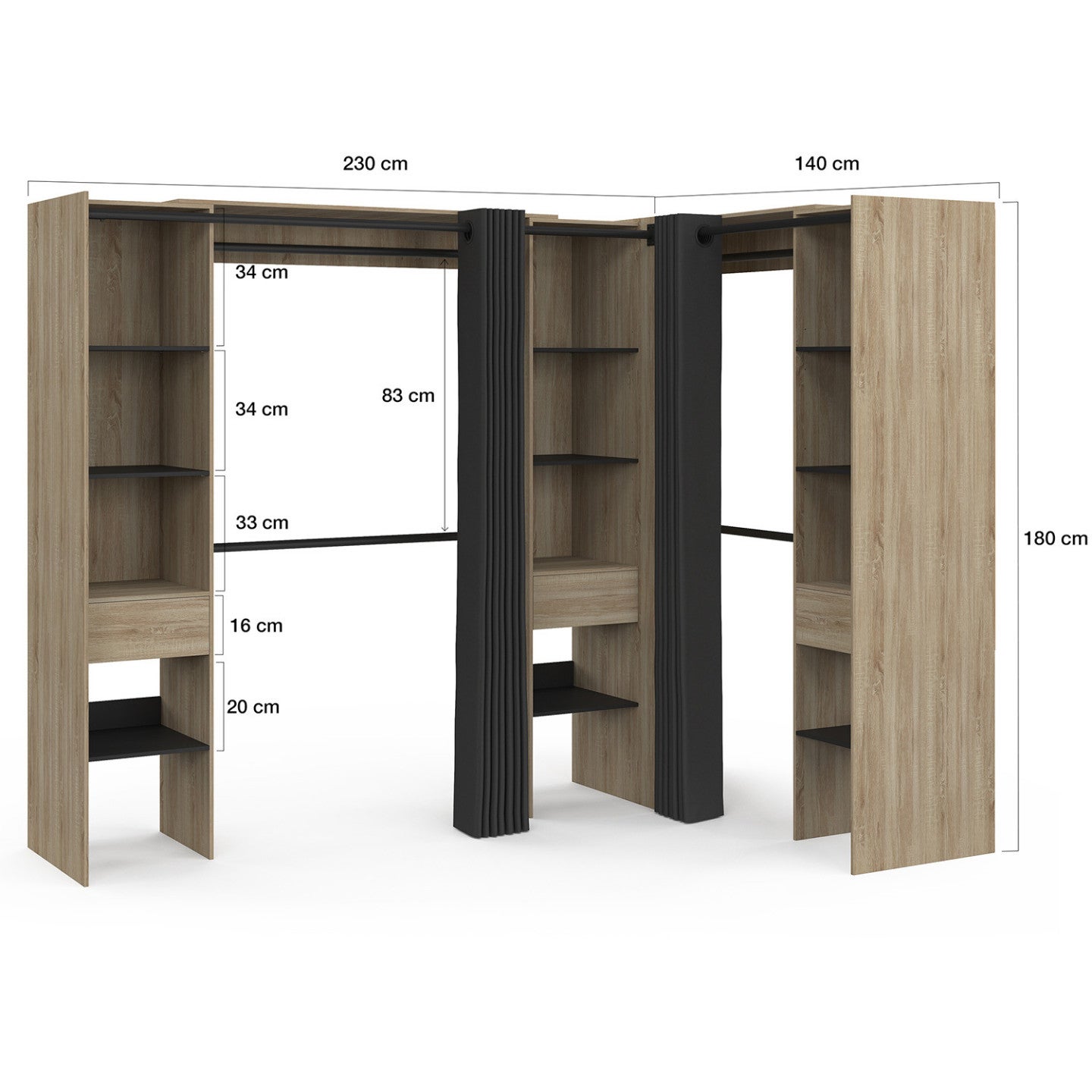 Dressing extensible d'angle MARLON 230 x 140 x 180 cm hêtre avec penderies + étagères + rideaux noirs - 4