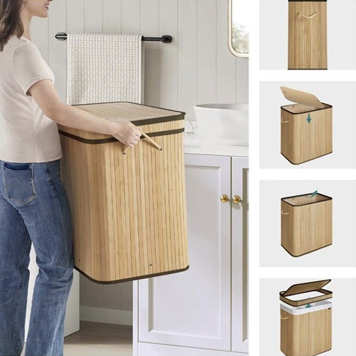 PALI Panier à linge robuste en bambou - 100 L - 2 compartiments - moderne et élégant - 5