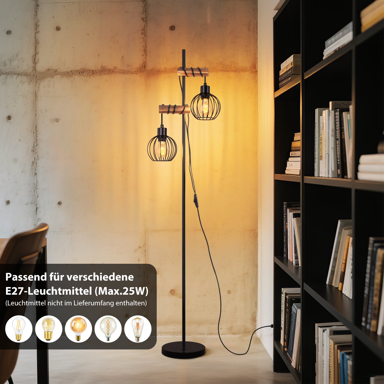 ZMH Lampadaire Noir vintage Douille E27 2 flammes design industriel métal 151cm - sans ampoule - 3