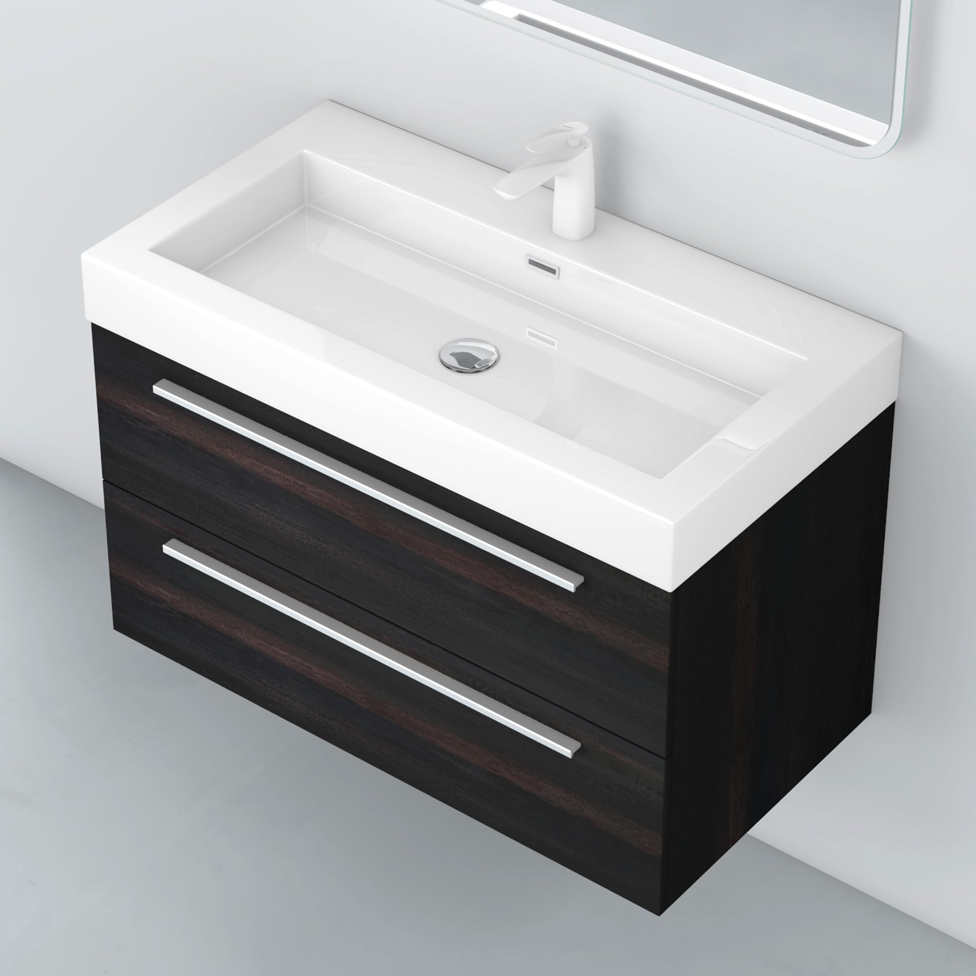 Meuble Salle De Bain Suspendu 90cm - Marron Clair - 2 Tiroirs - Avec Vasque - MDF étanche