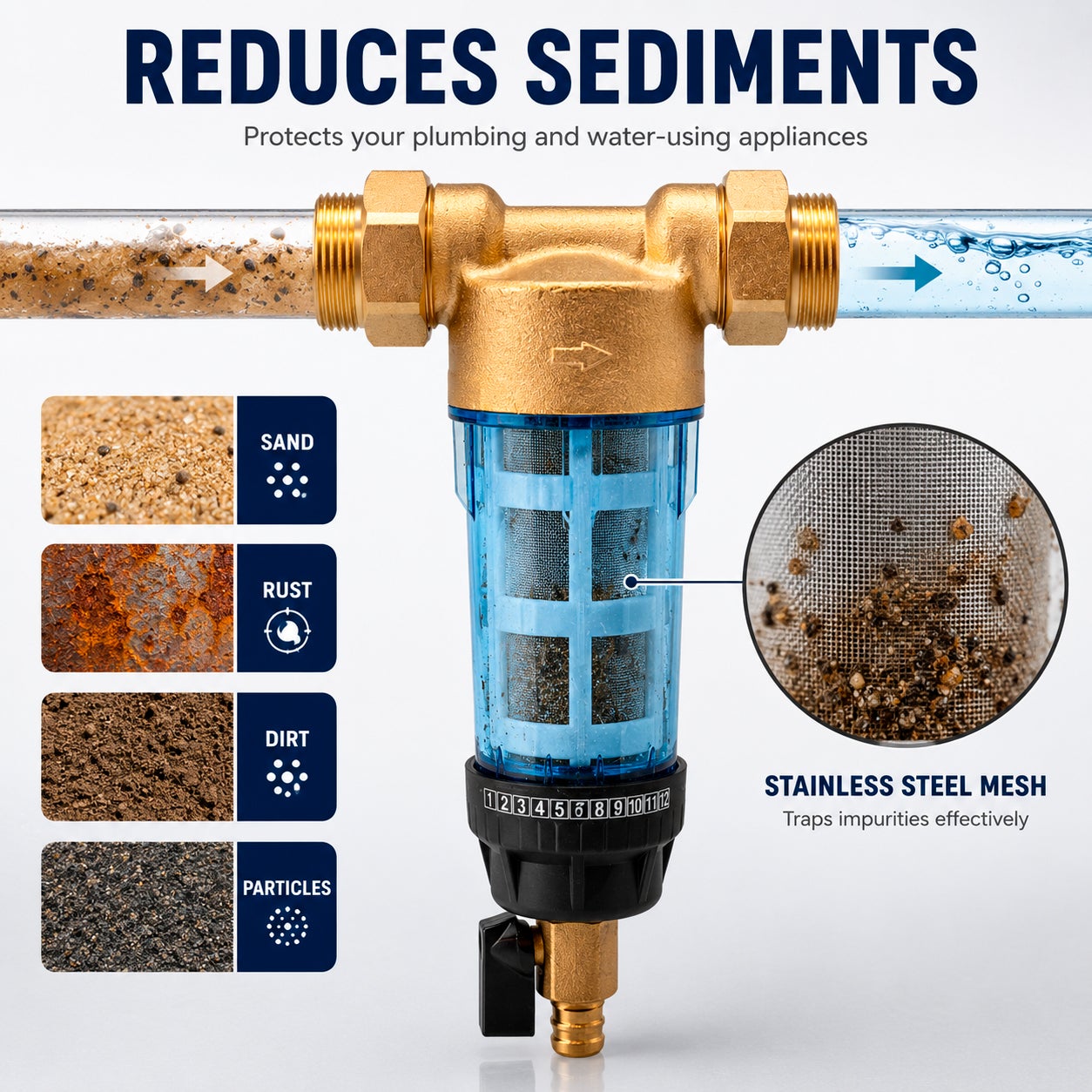 Pré-filtro de água profissional em latão - Malha de aço inoxidável de 40 mícrons (1