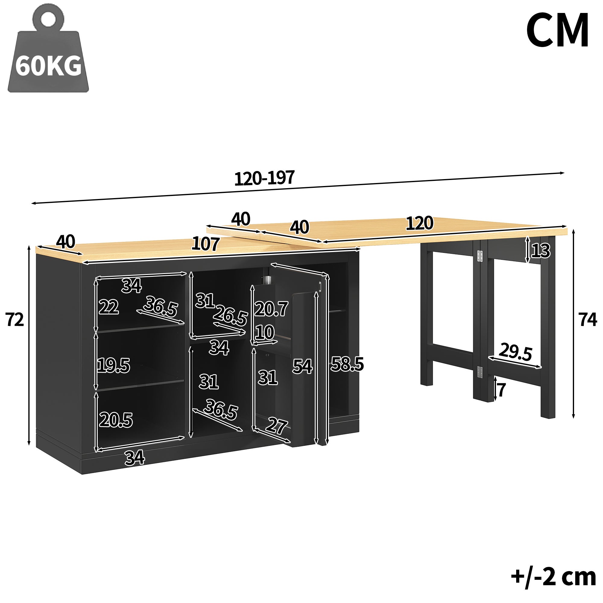 Table de cuisine îlot extensible 120-197x40x72 cm, rotation 360°, avec LED RGB, portes magnétiques, étagères en verre, MDF, Noir - 4