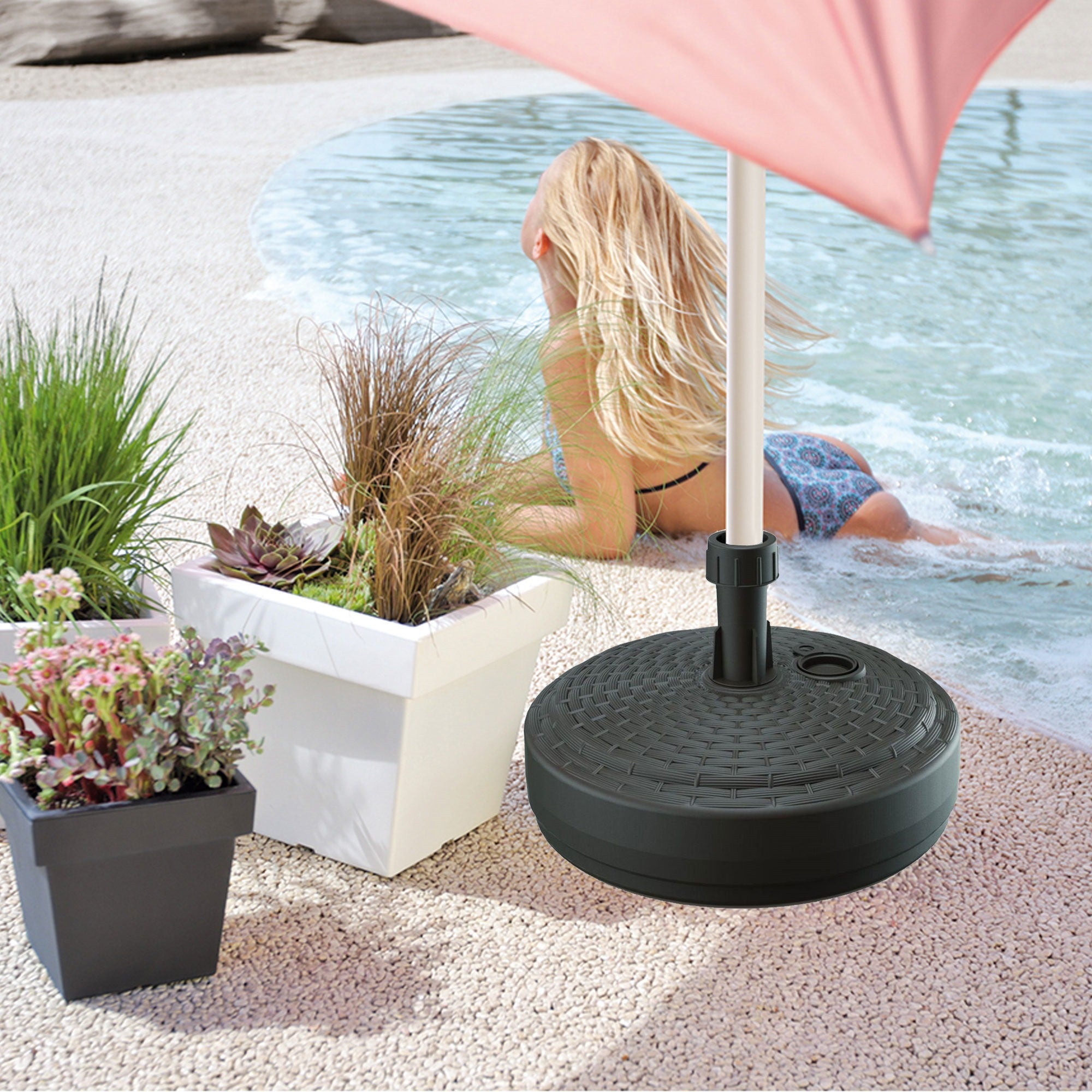 Deuba Pied de parasol rond Brun socle parasol Ø2,6cm aspect polyrotin remplissage eau sable gravier support jardin - 4