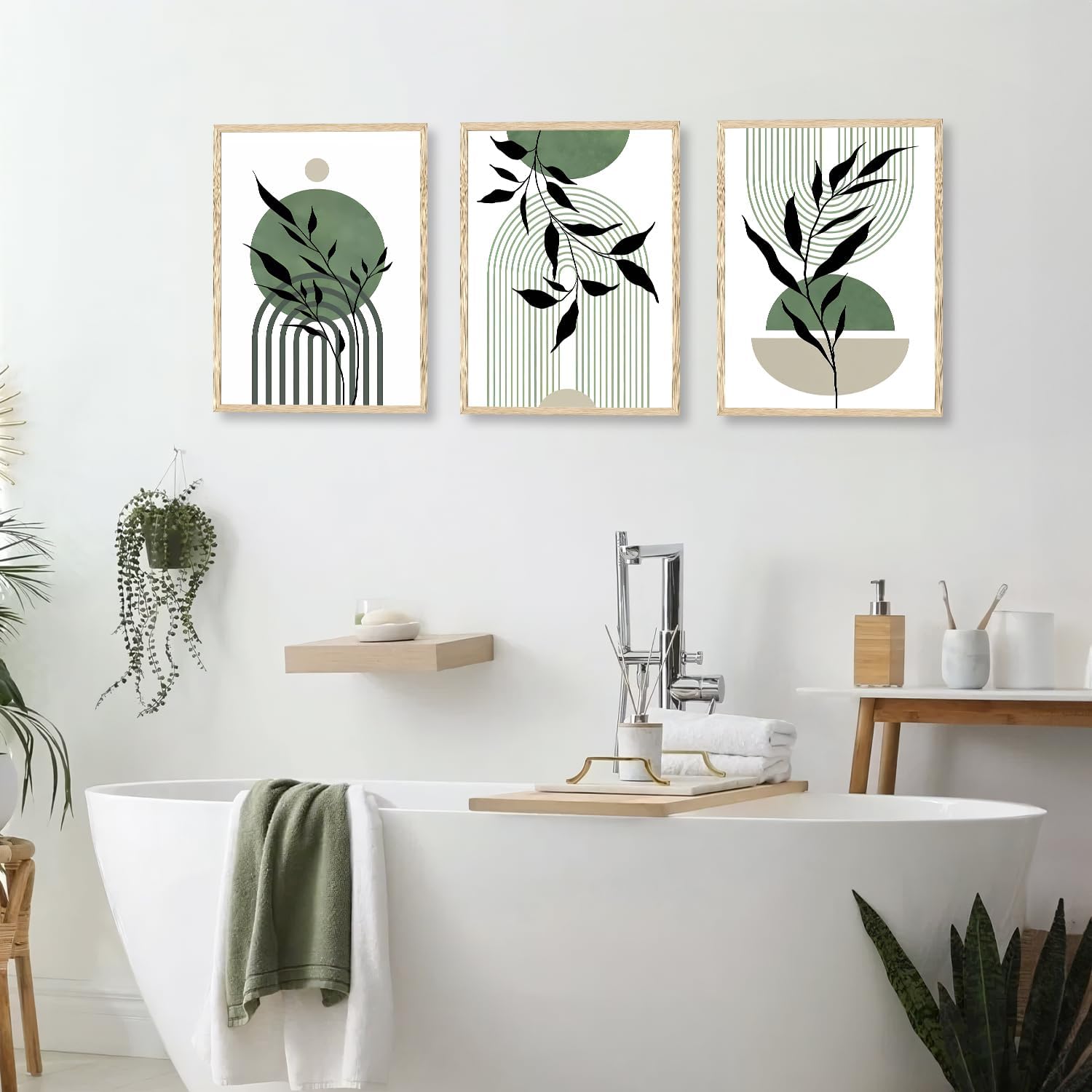 Art Mural Boho Vert Sauge, Tableau Décoration Murale Minimaliste Abstraite Géométrique Botanique, Affiche Moderne30x40 cm Sans Cadre, Lot de 3 - 4