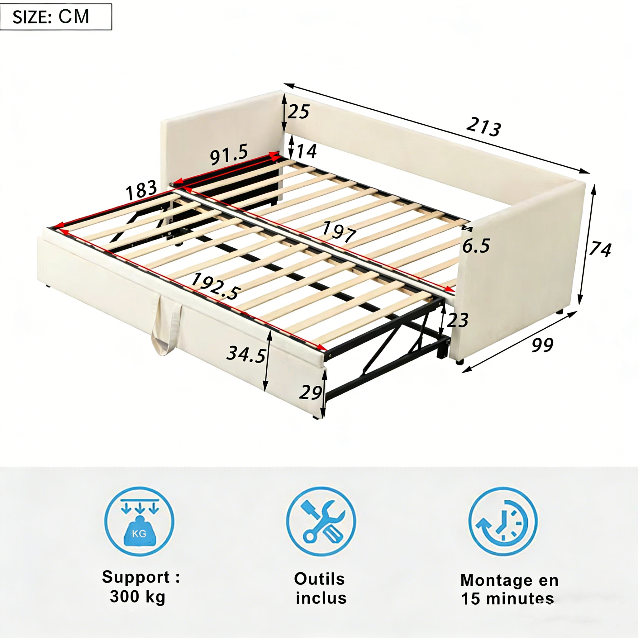 Canapé lit convertible180 x 200cm-Canapé-lit extensible rembourré pour Salon et Chambre d'Amis-Gain de place-lit 2 personnes-beige-Sans Matelas - 3