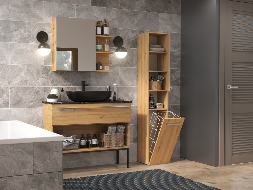 HORTI - Meuble salle de bain avec panier à linge - 31x30x174cm - Colonne rangement SDB - Chêne - 3