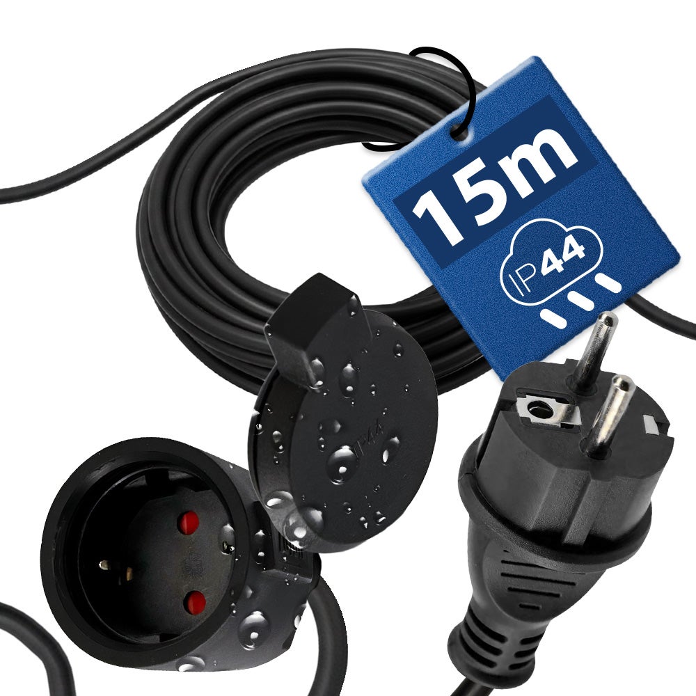 Przedłużacz gumowy 15 m ogrodowy Schuko, czarny, 3×1,5 mm², IP44, HOROZ ELECTRIC