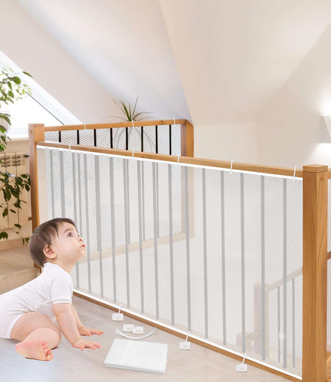 Red de seguridad infantil, red de seguridad para escaleras, balcones y vallas, barrera de seguridad infantil de 300 x 90 cm, color blanco - 7
