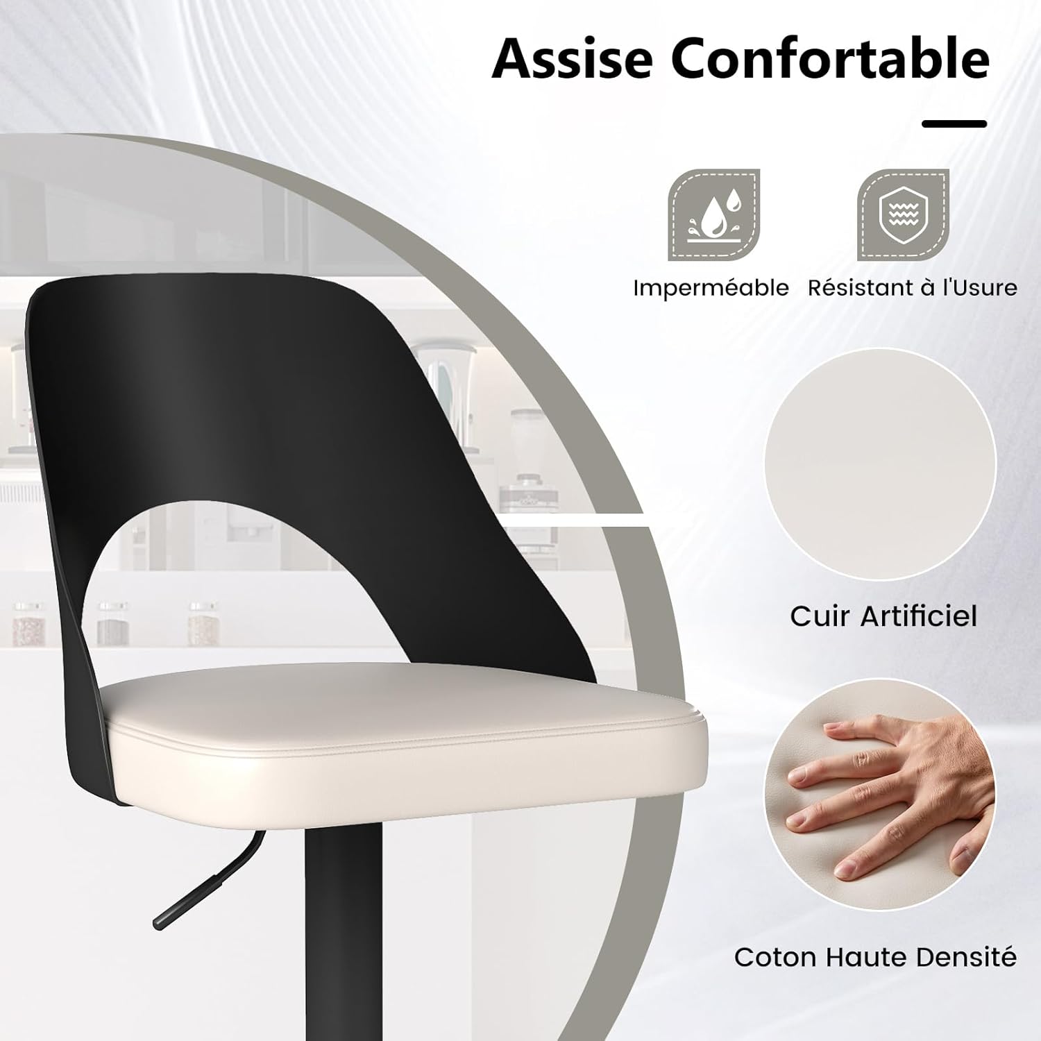 Juego de 2 Taburetes de Bar Giratorios, Sillas Ergonómicas con Respaldo, Reposapiés y Asiento con Altura Ajustable 63-83 cm (Blanco+Negro) - 3