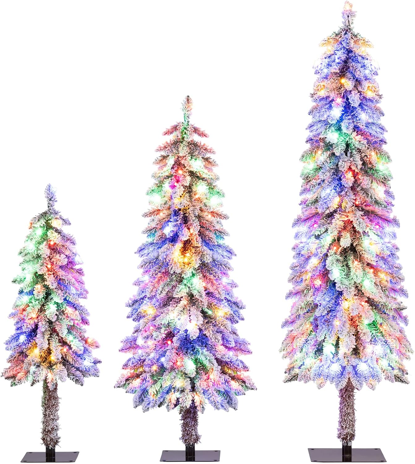 Zestaw 3 Sztucznych Choinek Bożonarodzeniowych z Oświetleniem, 90 cm, 120 cm, 150 cm Smukłe Choinki z 300 Wielokolorowymi Lampkami LED, 597 Gałęzi