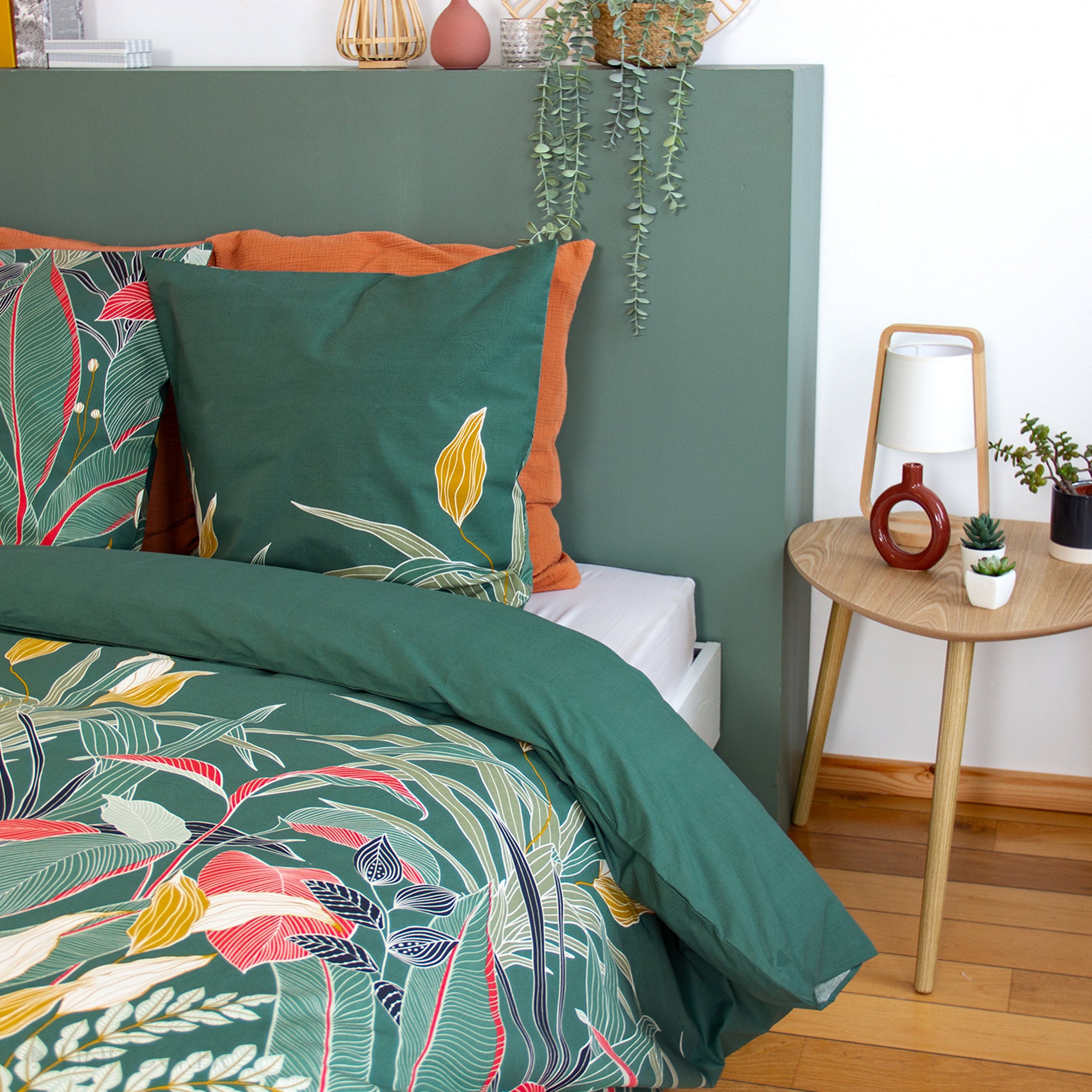Parure de lit 260x240cm en coton GIGAJUNG vert motif tropical 3 pièces - 3