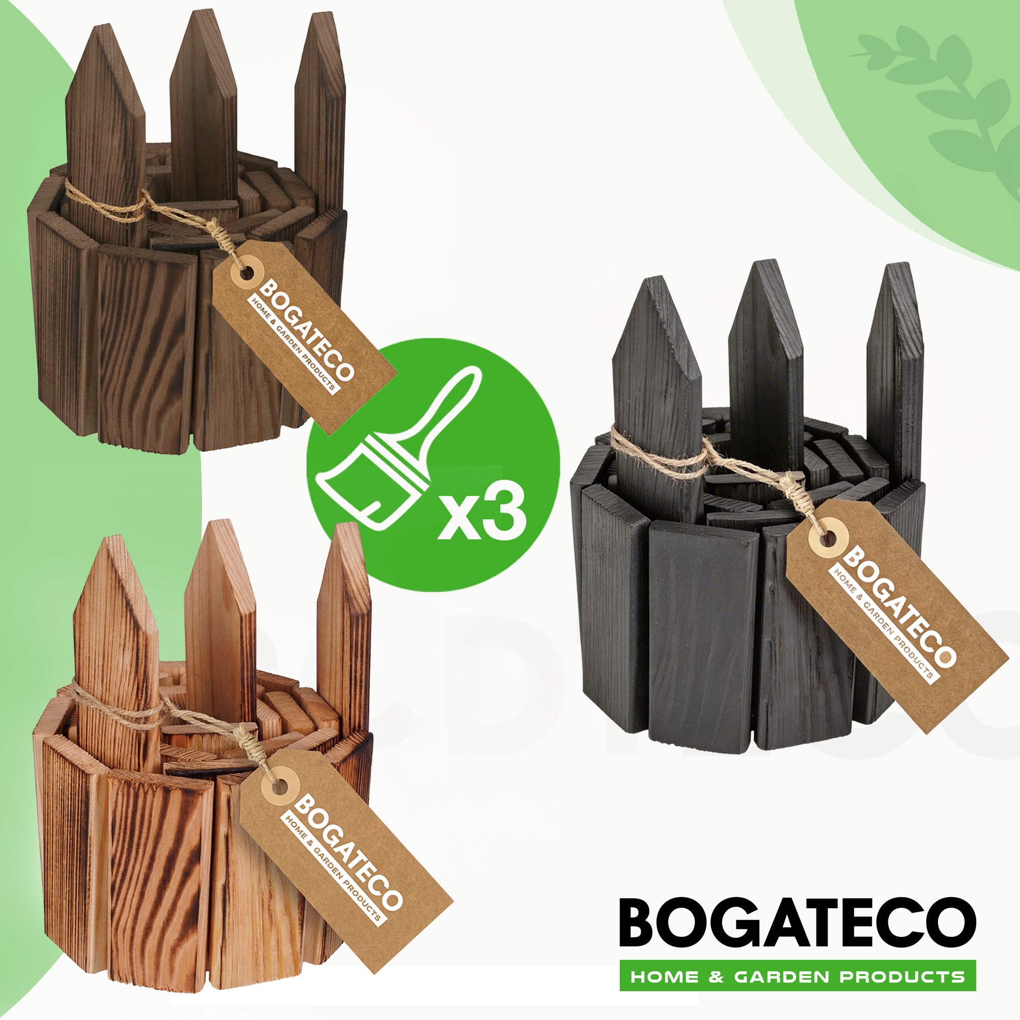 BOGATECO Lot de 3 bordures de jardin en bois avec lattes | 20 cm de haut et 112 cm de long | Bordure de jardin ou délimitation d'allée | Brun - 4