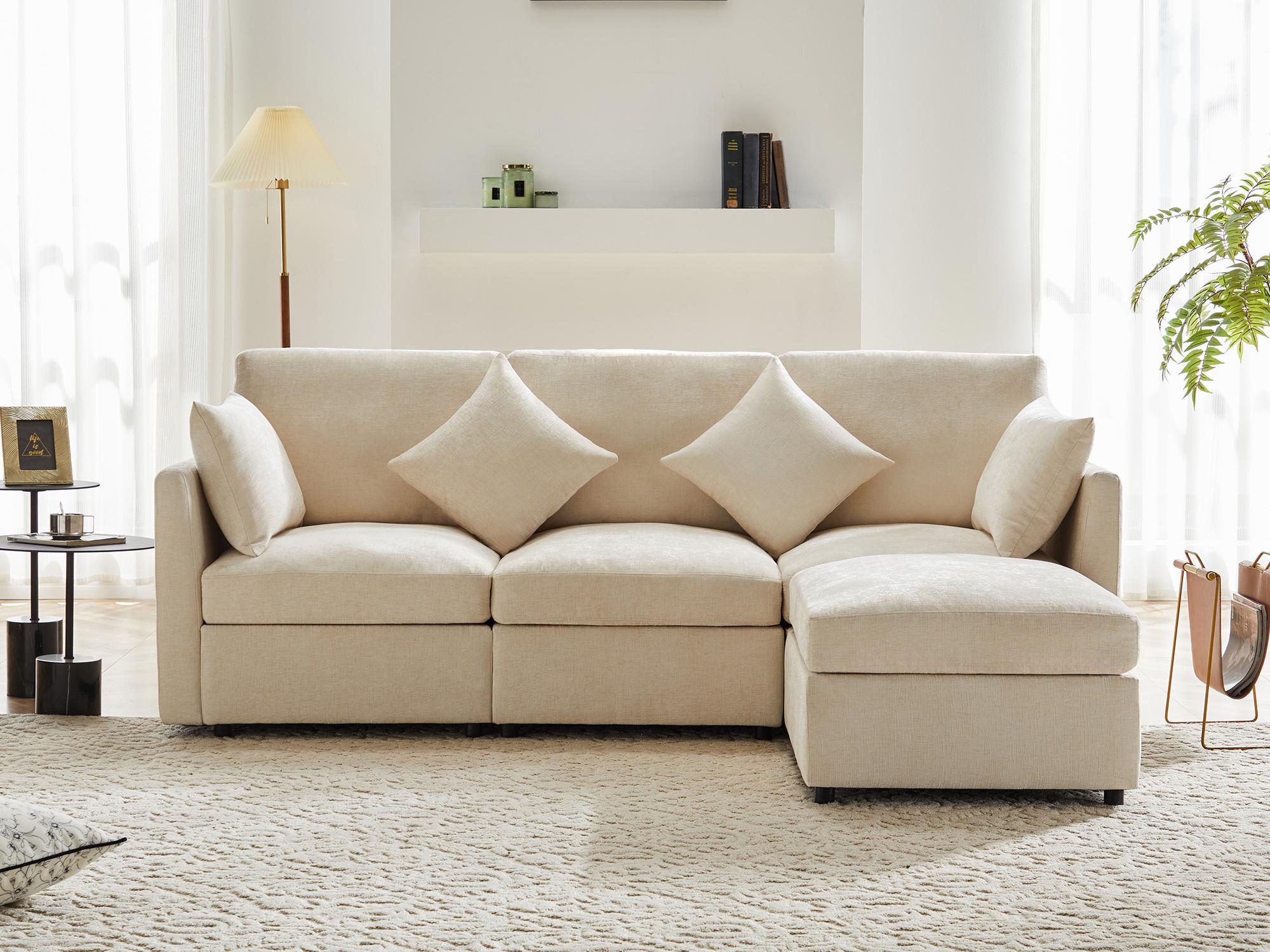 Sofa narożna 3-osobowa - z modułowym podnóżkiem - szenil - beż