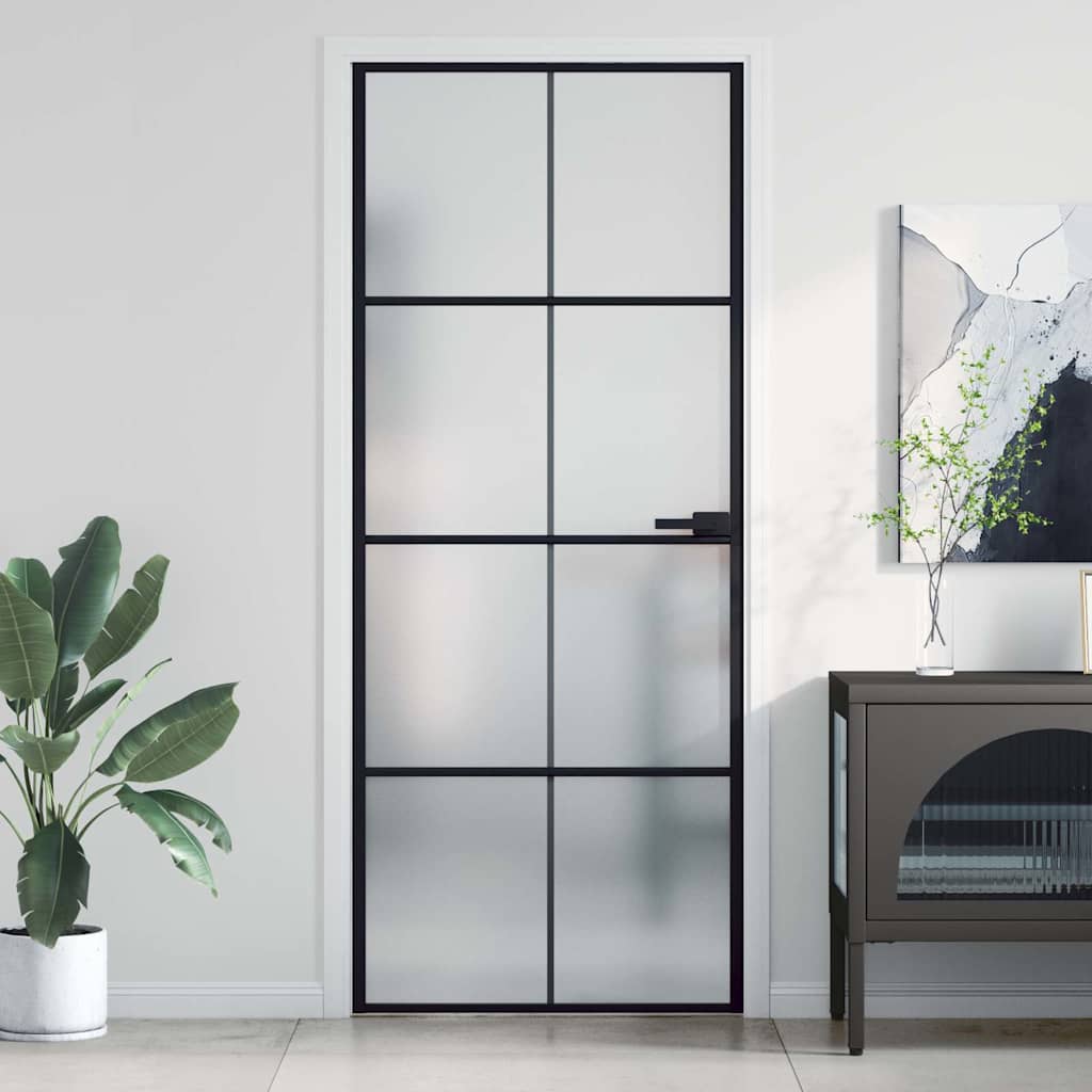 Puerta interior delgada negra de 83 x 201,5 cm con cristal templado y aluminio.