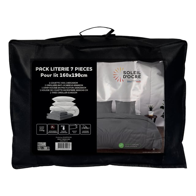 Ensemble couette et parure 7 Pièces BOHEME gris pour lit en 160x200 cm, par Soleil d'ocre