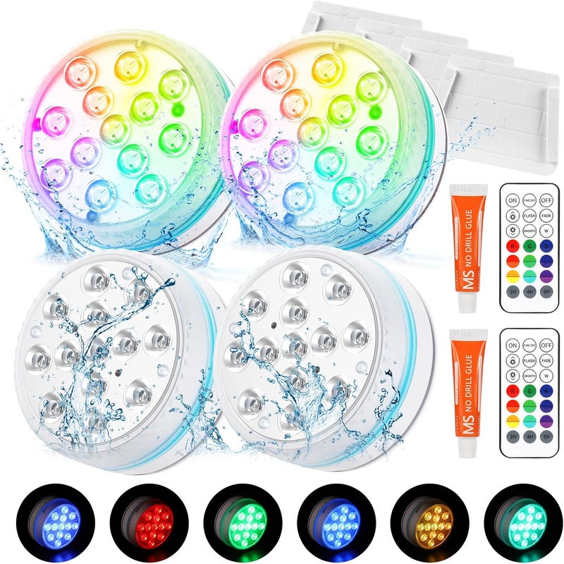 Akumulatorowe, zanurzalne oświetlenie basenowe LED, 4 światła, IP68, 16 kolorów RGB, z pilotem, idealne do basenów i akwariów