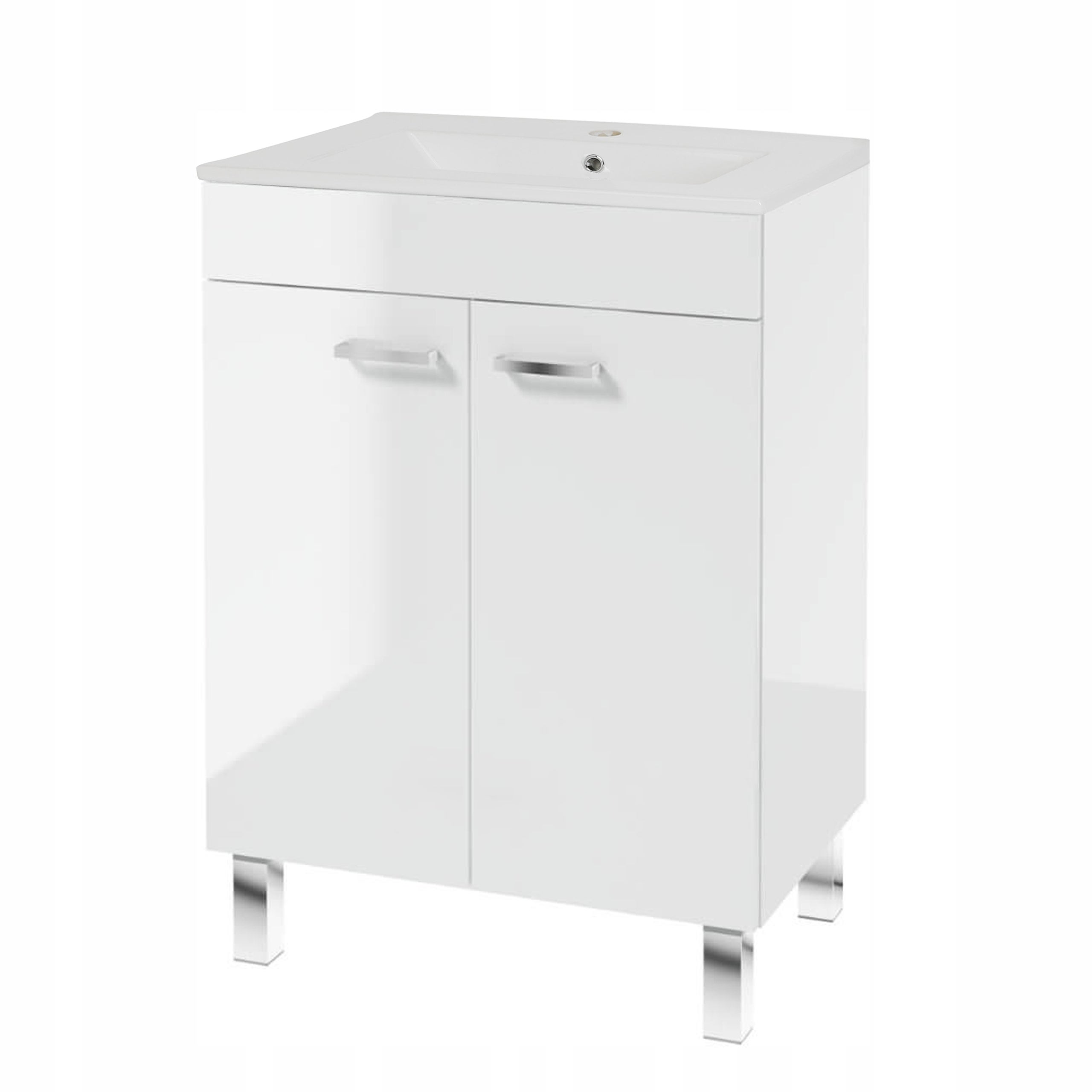 Szafka Łazienkowa Biała Stojąca 60 x 45 z Umywalką Połysk 2 Drzwi Półka MDF