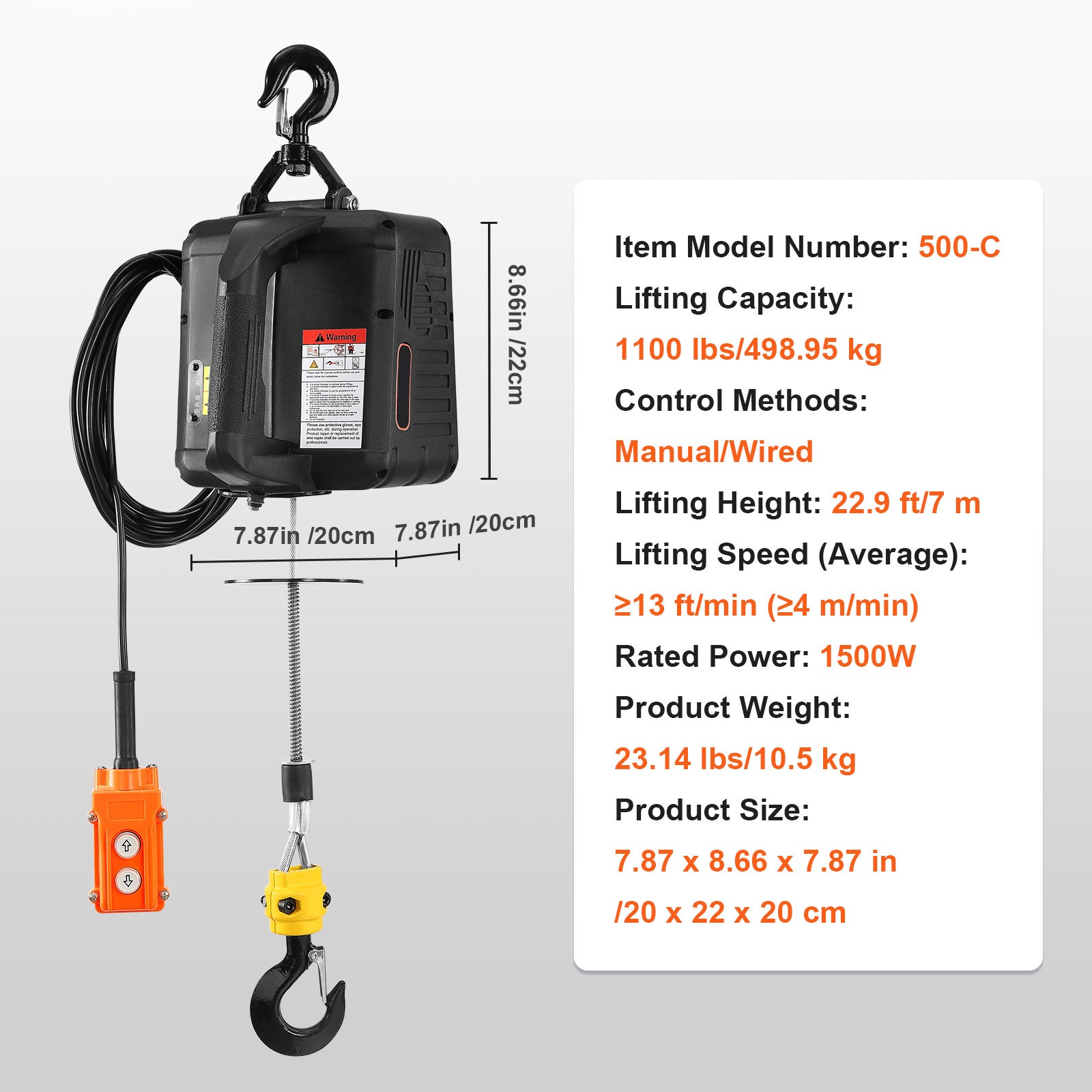 2-in-1 Treuil électrique SucceBuy 1100 lbs Capacité de levage, 1500W portable, 22,9 ft Hauteur, Télécommande câblée. Idéal pour le levage - 9