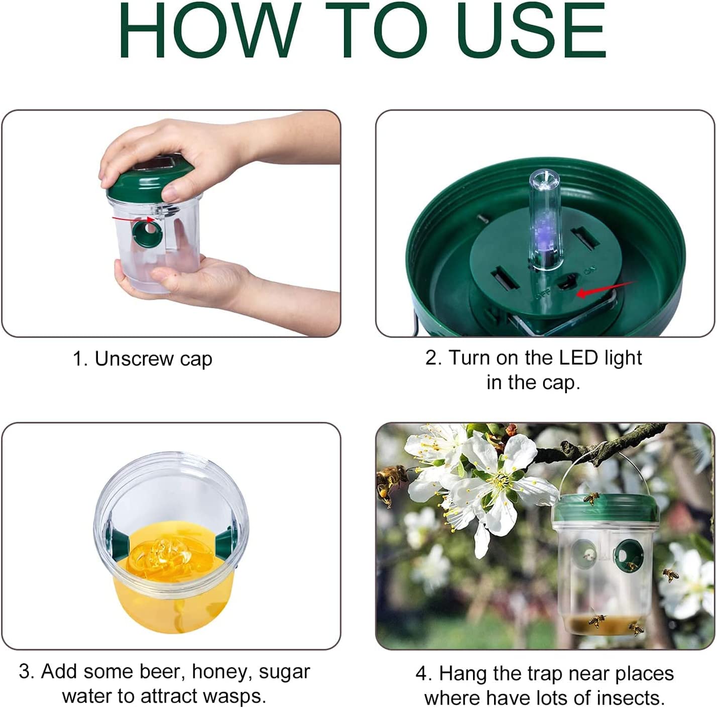 Conjunto de 2 armadilhas solares para vespas, mata-vespas reutilizáveis, alimentadas a energia solar, suspensas com luz LED UV, verde - 2