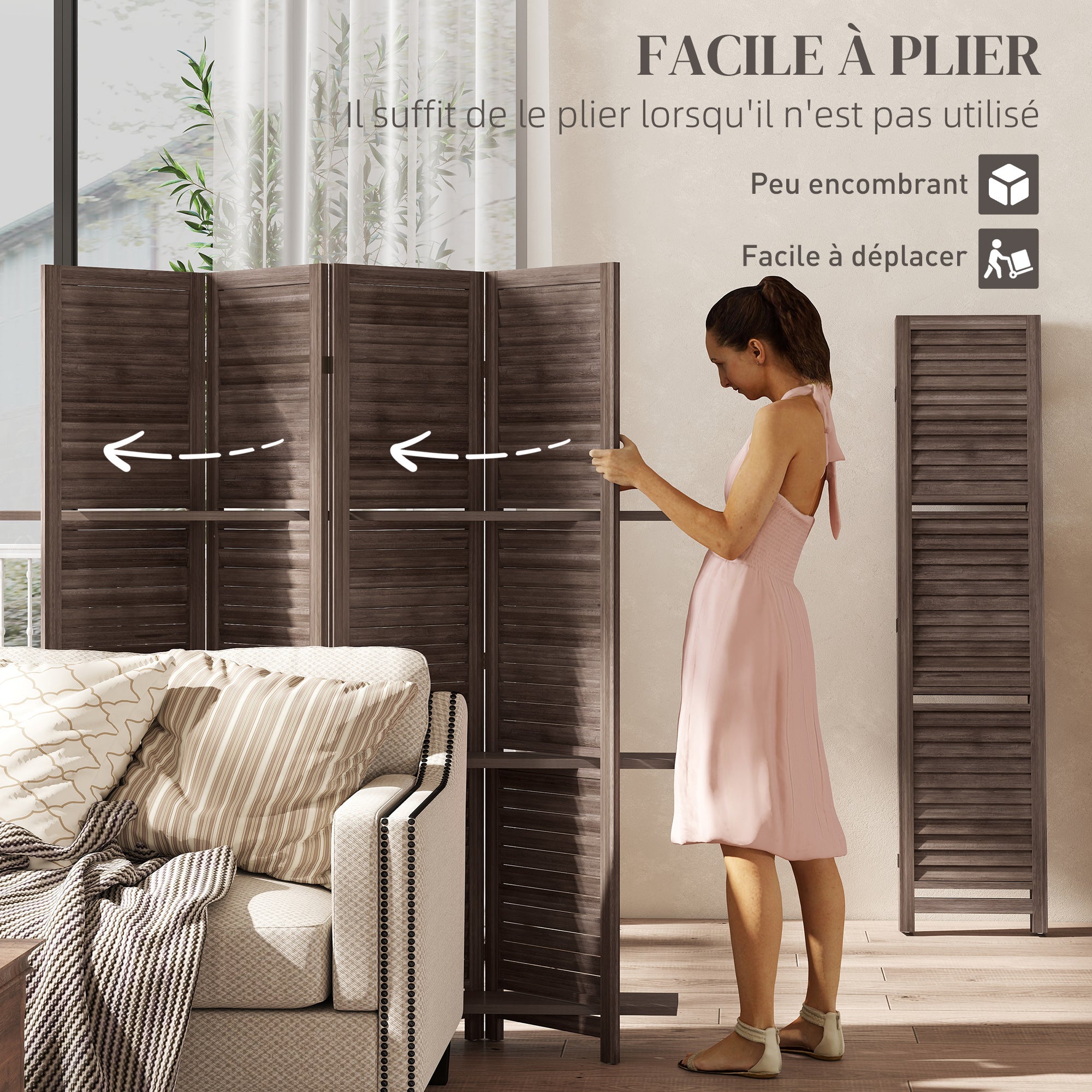 Paravent intérieur en bois 4 panneaux 160x170cm,séparateur de pièce pliable avec 3 étagères,noyer - 7