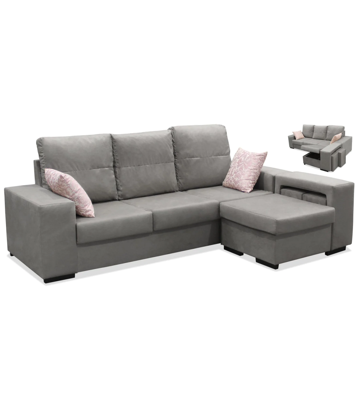 Chaiselongue reversible bea color gris con dos taburetes, 230 cm (ancho) x 155 cm (fondo)